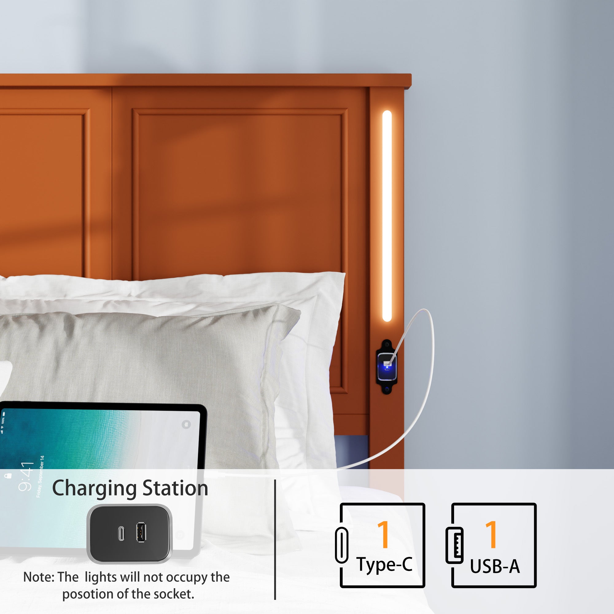 HAOYYE Queen Size Bed Frame, Platform Bed Frame with Wood Headboard and Footboard,Charging Station and LED Lights, 12 Wood Slats Support, No Box Spring Needed , Brown Sturdy Space-Saving Heavy Duty
