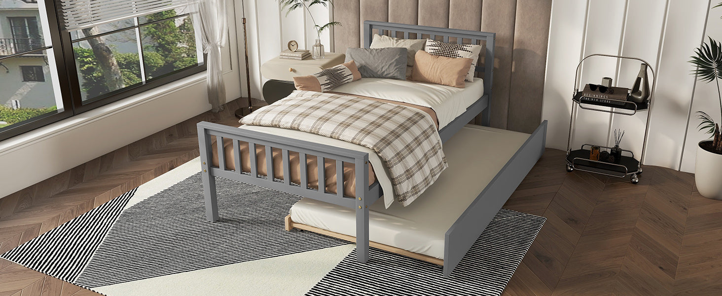 HAOYYE Twin Bed with Trundle, Platform Bed Frame with Headboard and Footboard, for Bedroom Small Living Space,No Box Spring Needed,Grey(Old SKU:W50422210) Sturdy Space-Saving Heavy Duty Modern Design