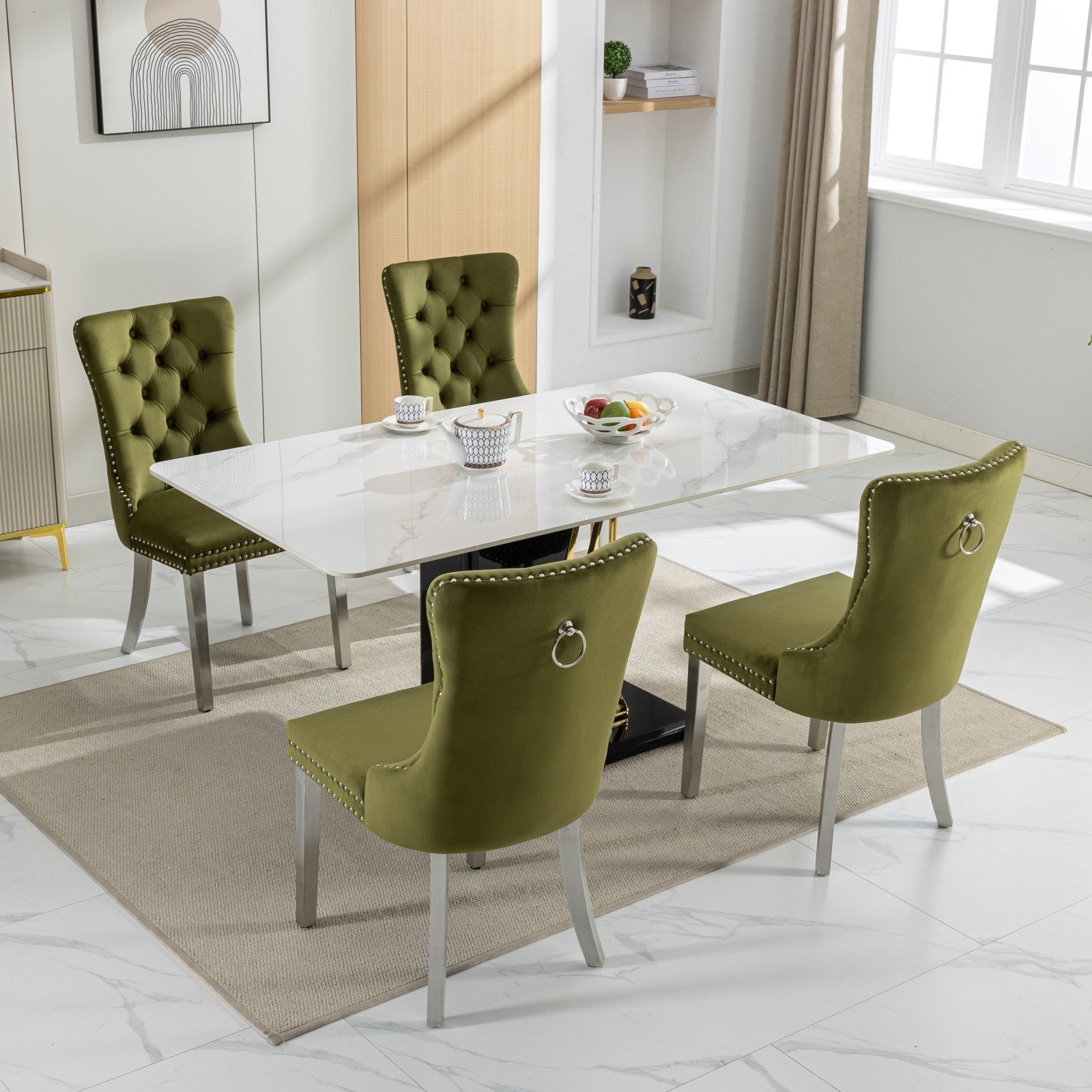 HAOYYE High-end Tufted Solid Wood Contemporary Velvet Upholstered Dining Chair with Chrome Stainless Steel Plating Legs,Nailhead Trim,Set of 2,Olive-Green and Chrome, SW1701OL Sturdy