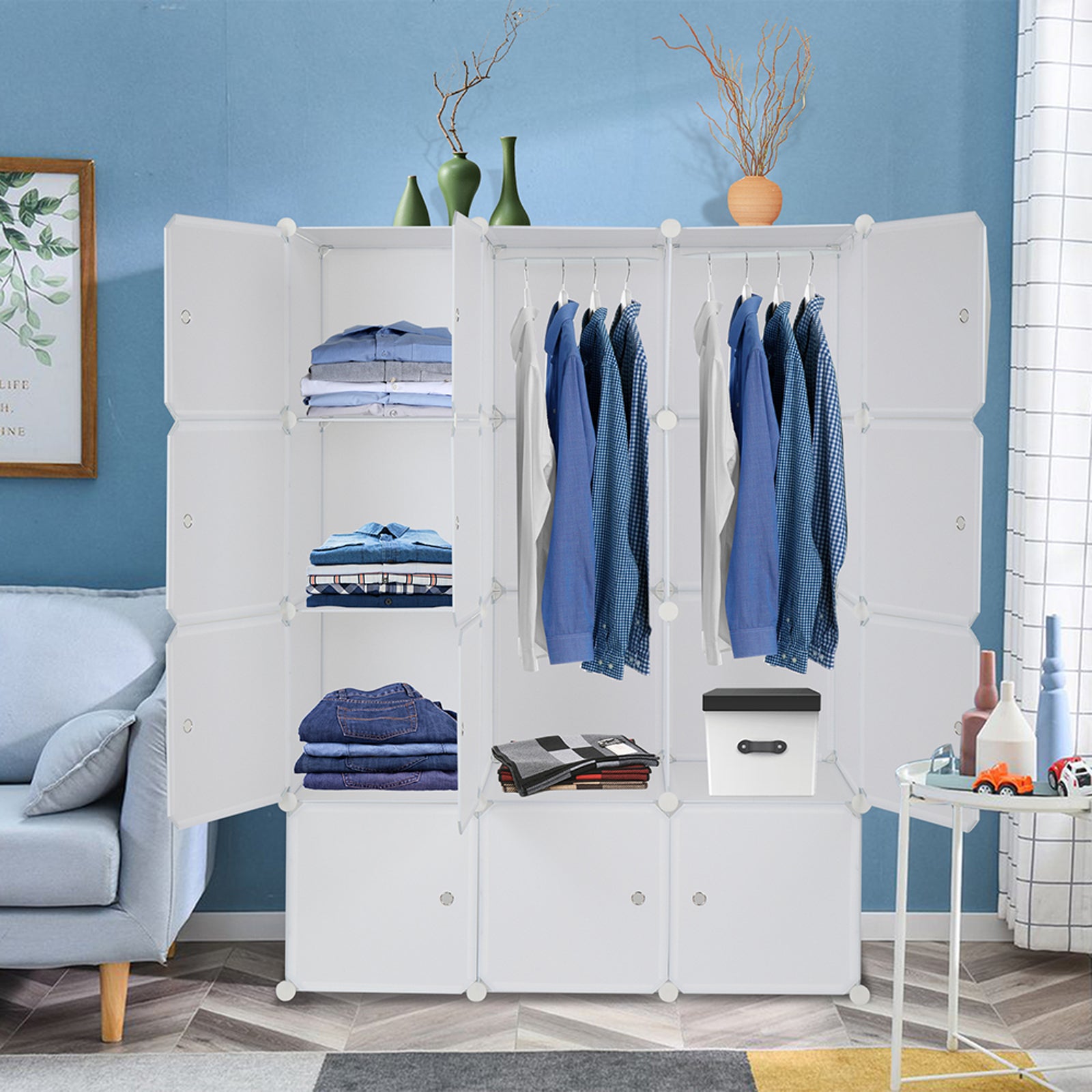 HAOYYE 12 Cube Modular Closet Organizer with Hanging Rod, Stackable Plastic Storage Shelves, Customizable DIY Wardrobe Cabinet for Bedroom Entryway Office