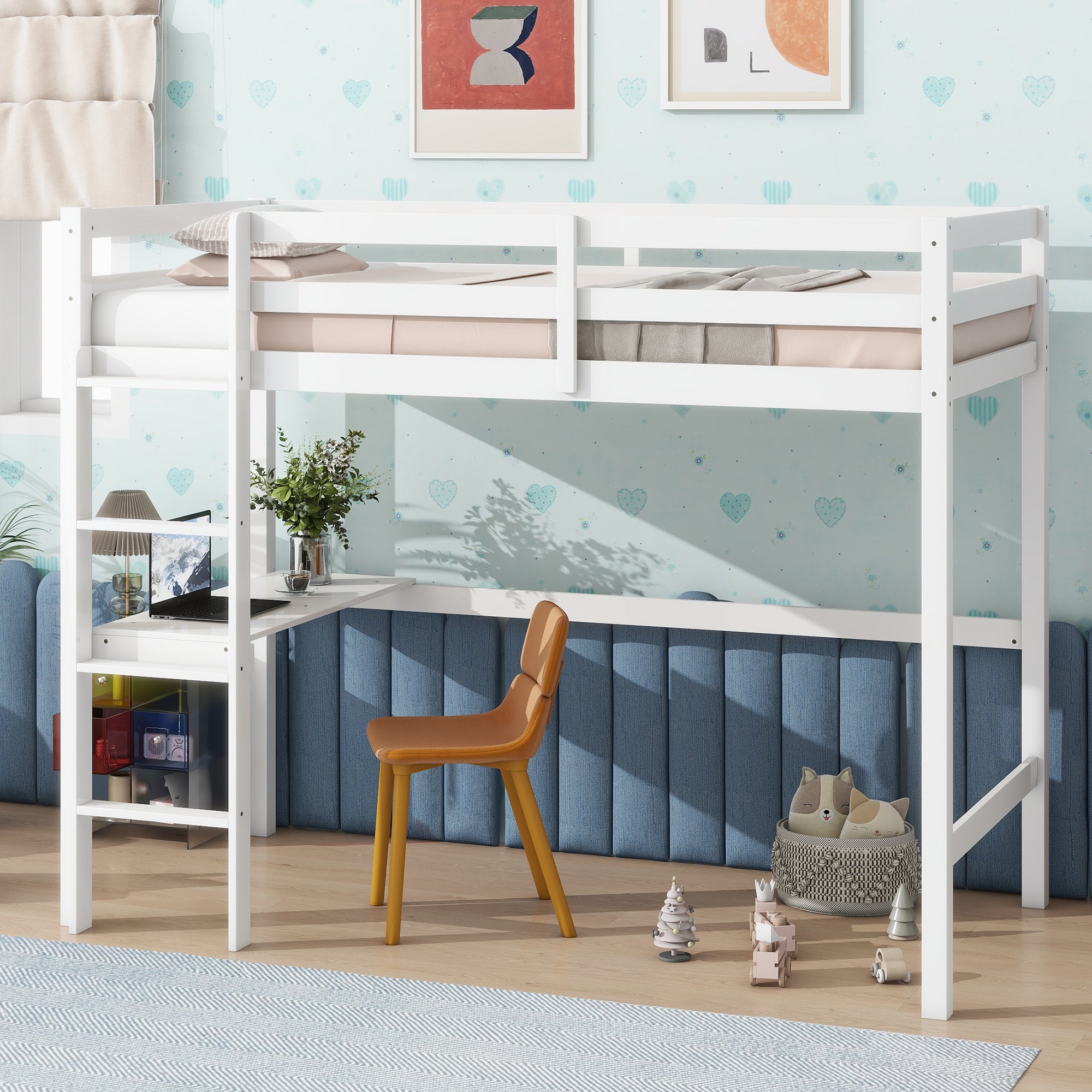 HAOYYE Twin High Loft Bed, Rubber Wood Loft Bed with Safety Guardrail, built-in desk, ladder,White Sturdy Space-Saving Heavy Duty Modern Design Adults Dorm Room Easy Assembly Bedroom Furniture