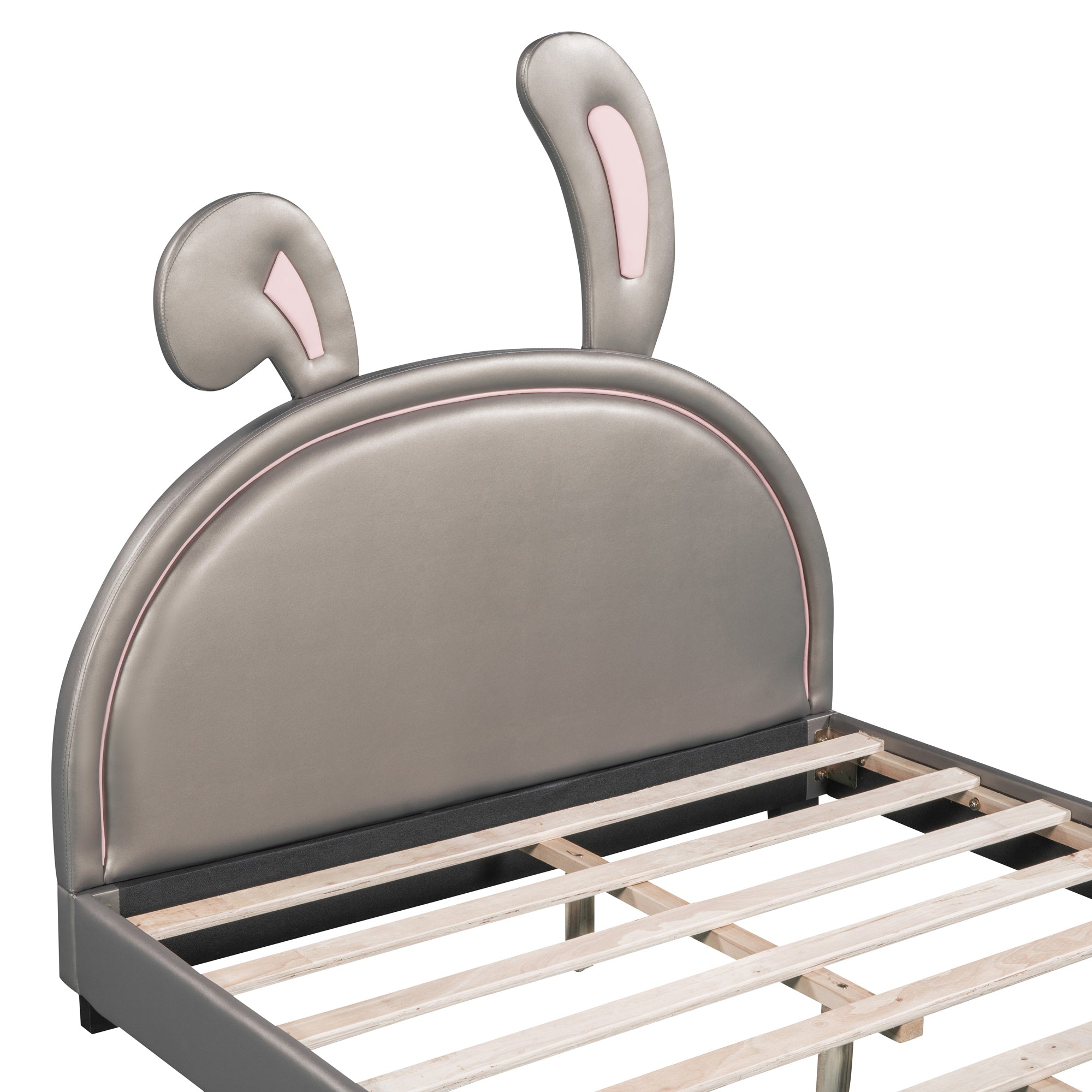 HAOYYE Full Size Upholstered Leather Platform Bed with Rabbit Ornament, Gray Sturdy Space-Saving Heavy Duty Modern Design Adults Dorm Room Easy Assembly Bedroom Furniture