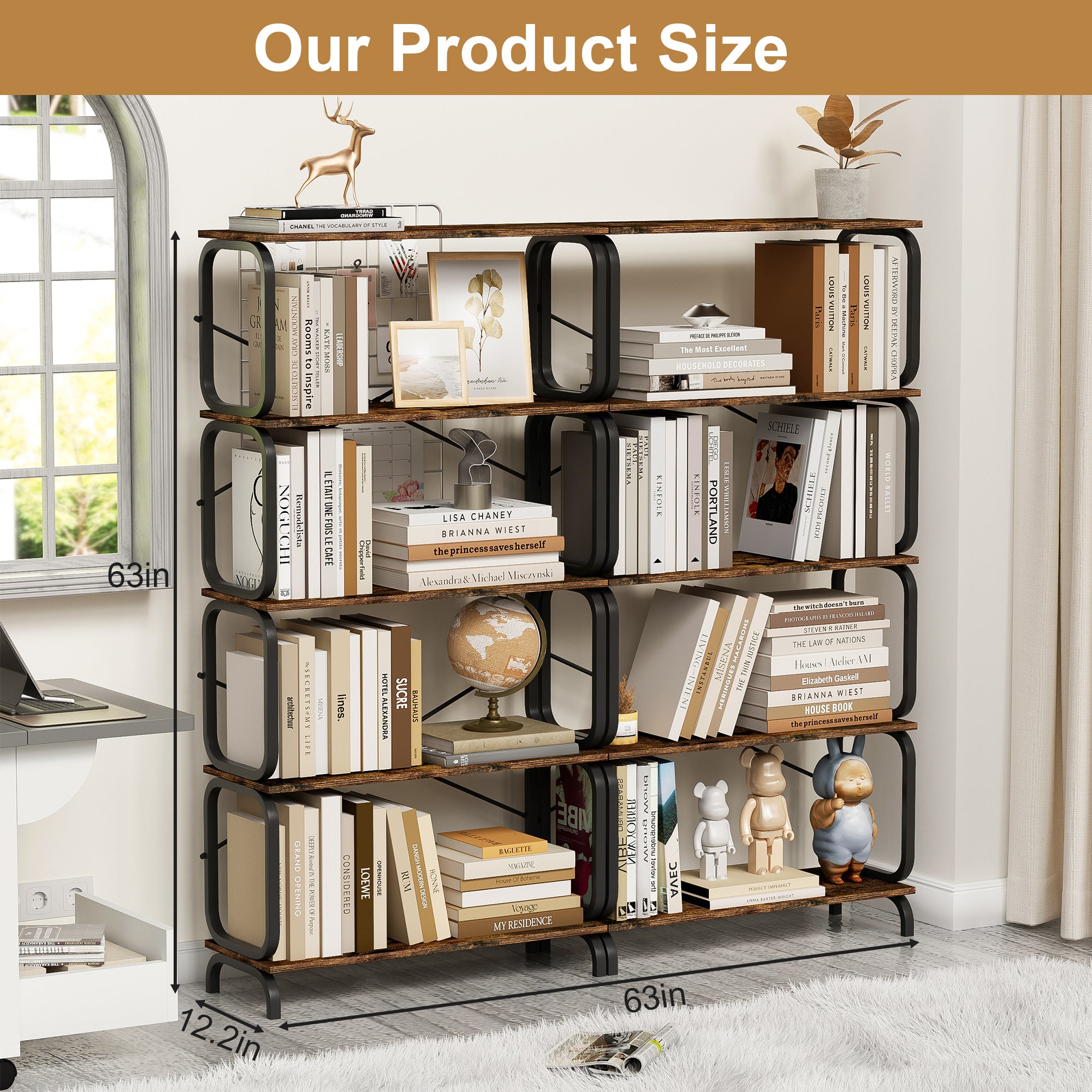 HAOYYE 5 Tier Large Book Shelf, Bookcase Home Office Open Bookshelf,Shelves for Living Room, Office Shelf,Vintage Industrial Style Bookshelf with Metal Frame,Rustic Brown Sturdy Space-Saving Heavy Duty