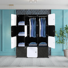 DE Direct HAOYYE 12 Cube Organizer Stackable Plastic Storage Shelves Modular Closet Cabinet with Hanging Rod Multifunctional Stackable Design for Bedroom Entryway Living Room Black and White