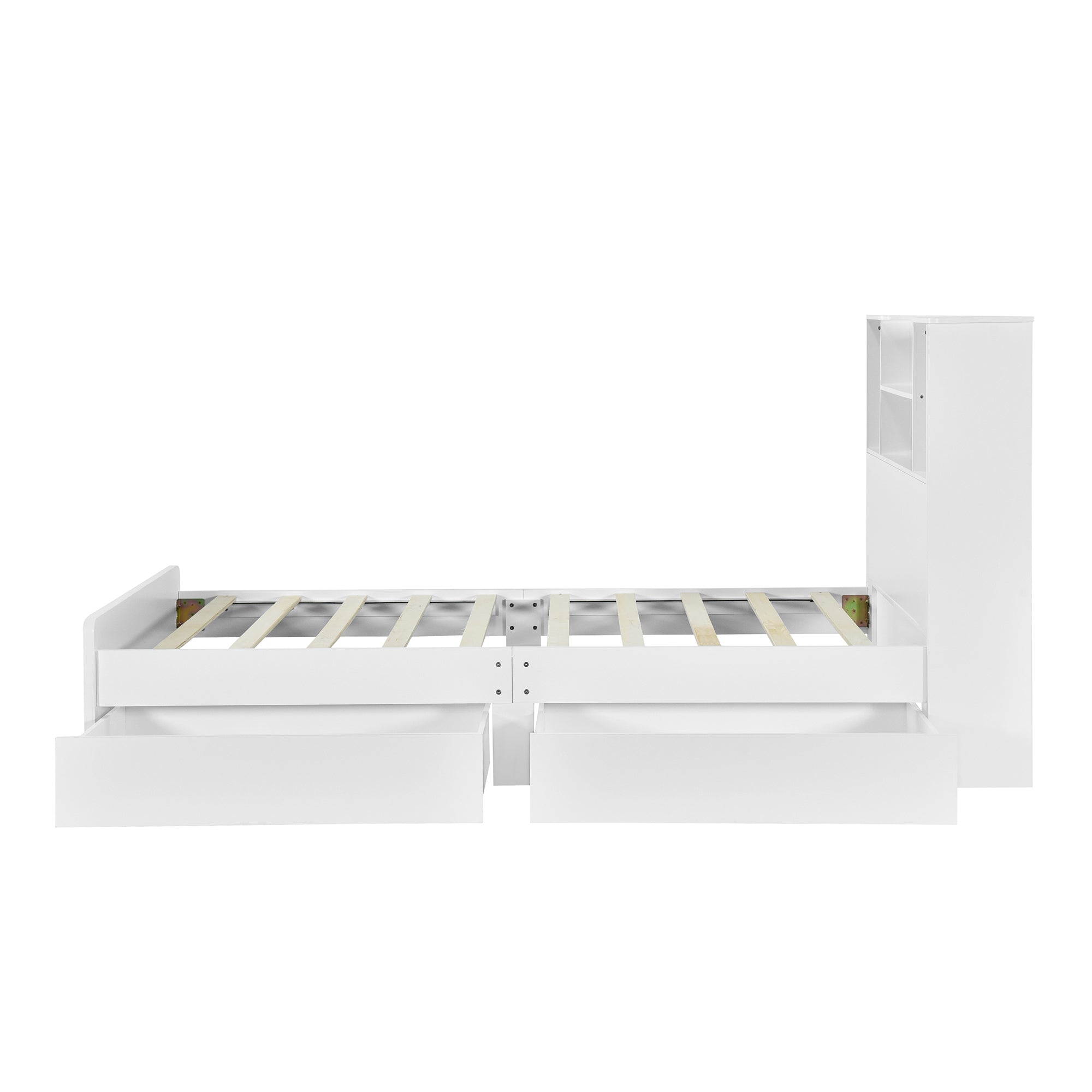 HAOYYE Twin Size Storage Platform Bed Frame with 4 Open Storage Shelves and 2 Drawers, LED Lights, White, Sturdy Space-Saving Heavy Duty Design, Easy Assembly, Ideal for Adults and Dorm Rooms