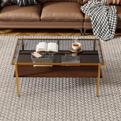 HAOYYE Rectangle Coffee Table with Gray Tempered Glass top and Golden Legs, Modern Table for Living Room Sturdy Space-Saving Heavy Duty Modern Design Adults Dorm Room Easy Assembly Bedroom Furniture