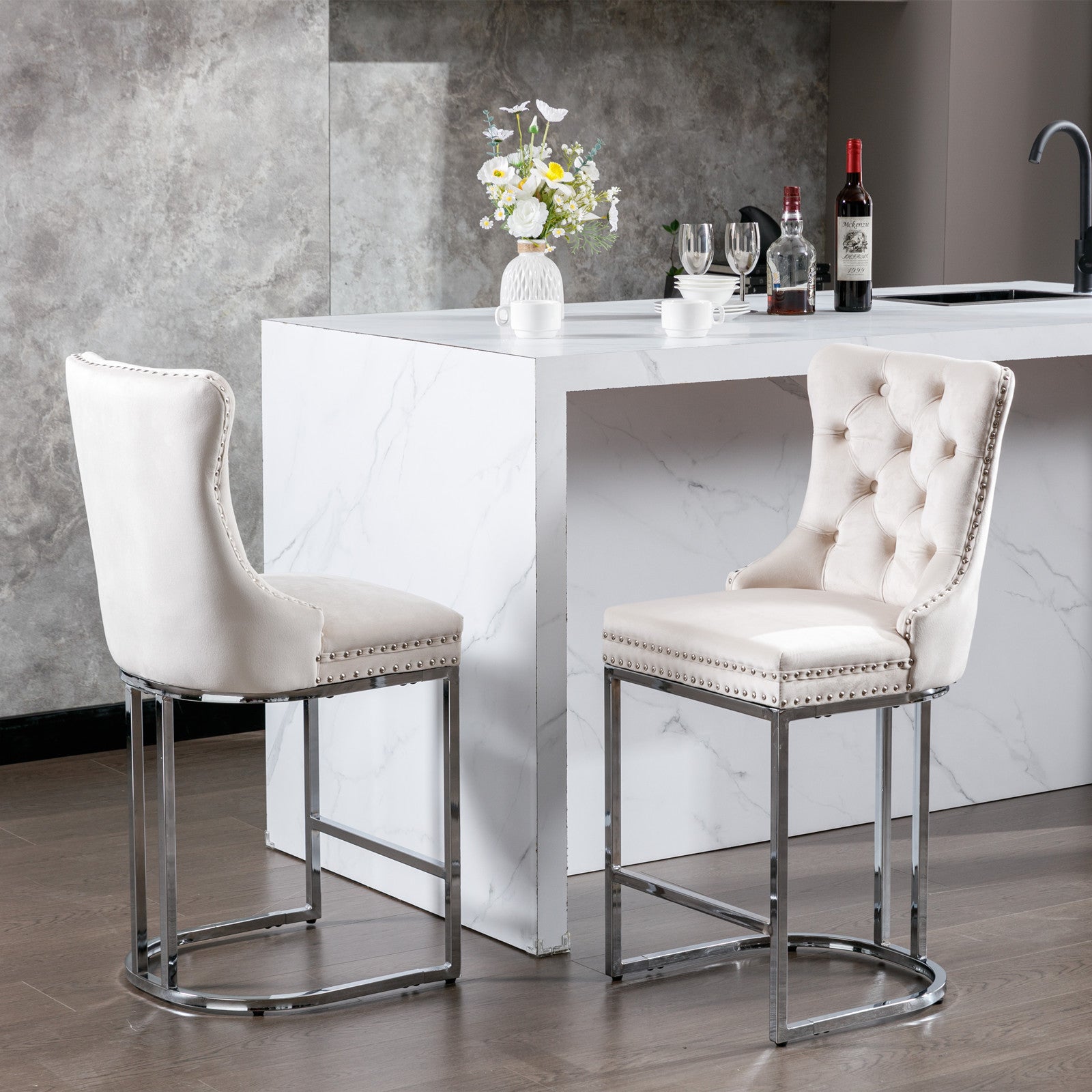 HAOYYE 26" Counter Height Bar Stools Set of 2, Modern Velvet Barstools with Button Back&Rivet Trim Upholstered Kitchen Island Chairs with Sturdy Chromed Metal Base Legs Farmhouse Bar Stools, (Beige,2 Pack)