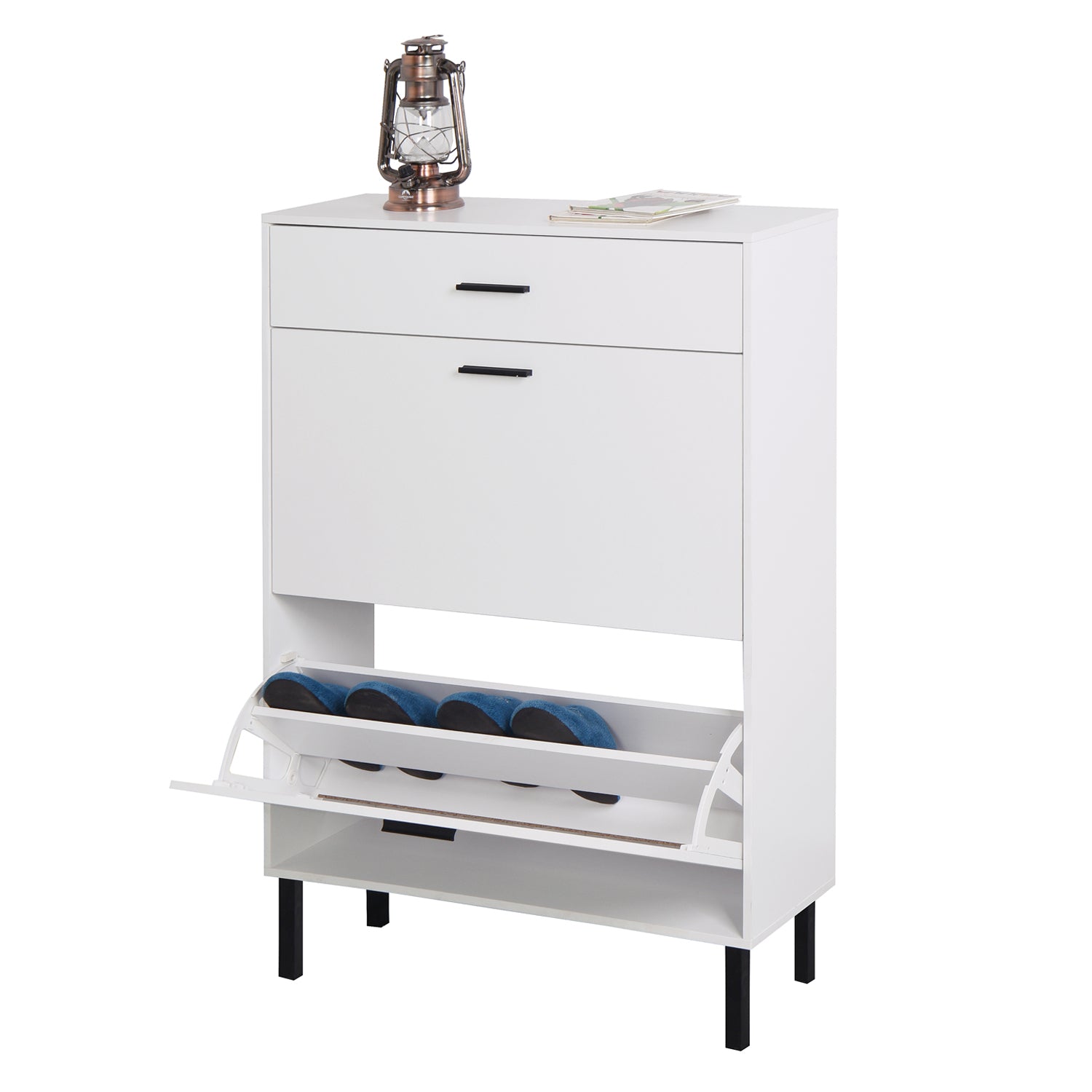 HAOYYE Shoe Cabinet, Freestanding Shoe Rack Storage Organizer with 2 Flip Drawers and Metal Legs, Modern Shoe Storage Cabinet for Entryway, Sturdy Space-Saving Heavy Duty Construction, Ideal for Adults