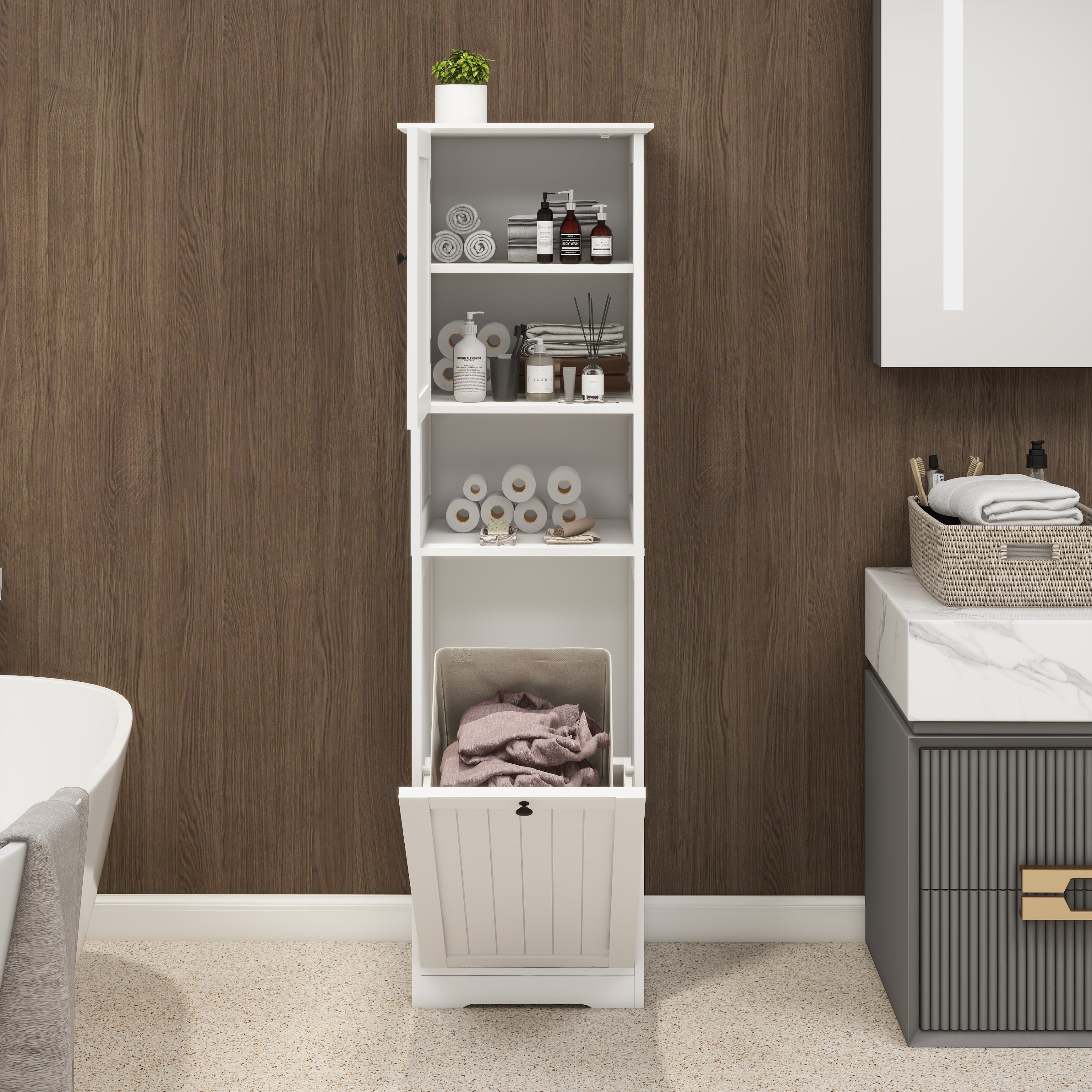 Haoyye One-Compartment Tilt-Out Laundry Sorter Cabinet, Modern Space-Saving Storage Unit with Removable Bag and Top Shelf, Sturdy MDF Construction with UV Finish, Stylish Organizer for Bathroom, Bedroom, or Laundry Room, Easy Assembly