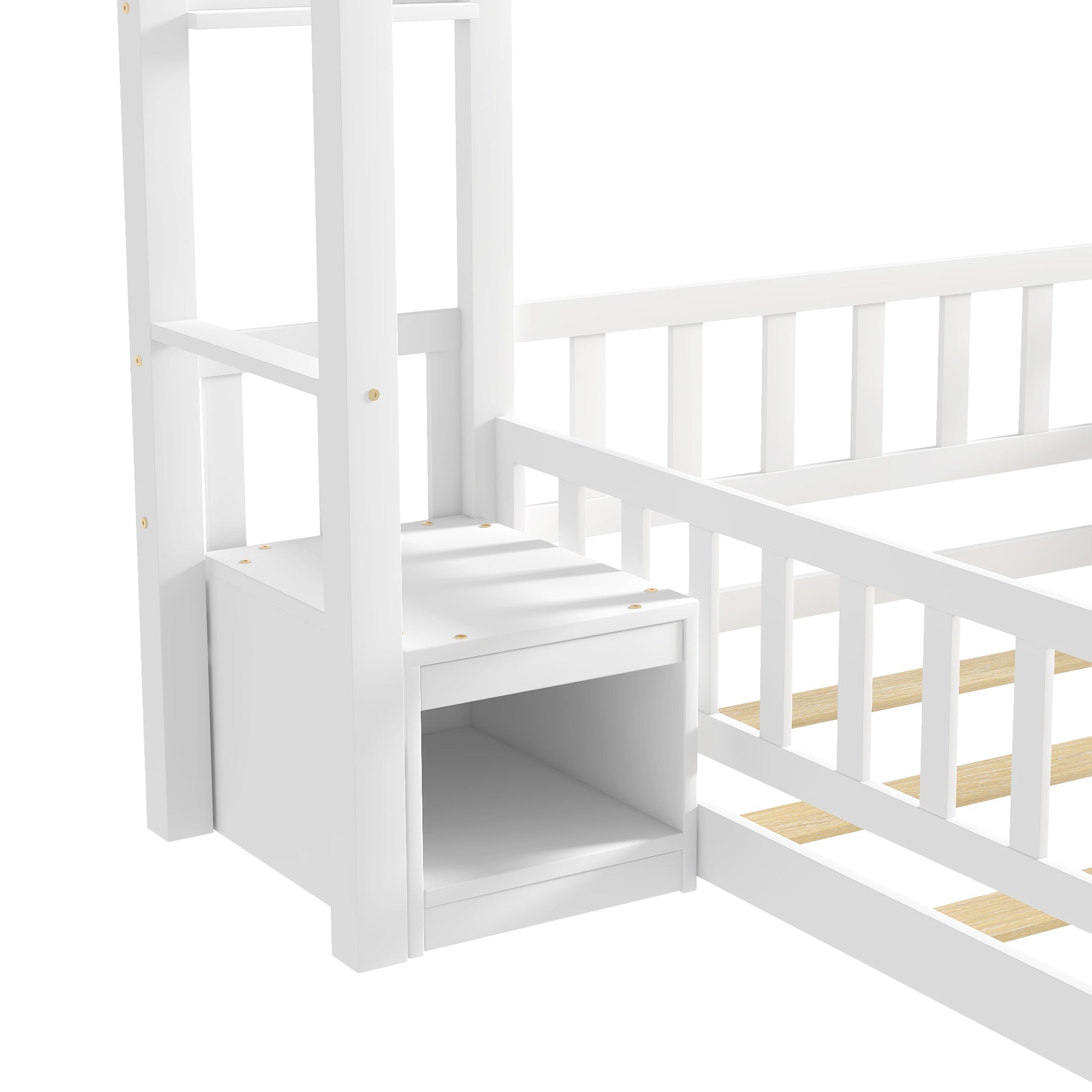 HAOYYE Twin Size House Shape Headboard Floor Bed with Guardrails, Slats Support, Nightstand ,White Sturdy Space-Saving Heavy Duty Modern Design Adults Dorm Room Easy Assembly Bedroom Furniture