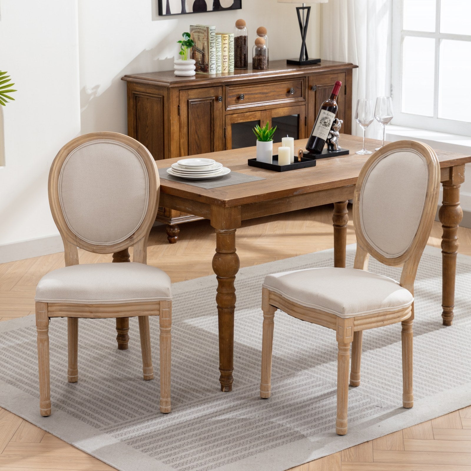 HAOYYE French Style Solid Wood Frame Antique Painting Linen Fabric Back Dining Chair,Set of 2,Beige,SW1845BG Sturdy Space-Saving Heavy Duty Modern Design Adults Dorm Room Easy Assembly