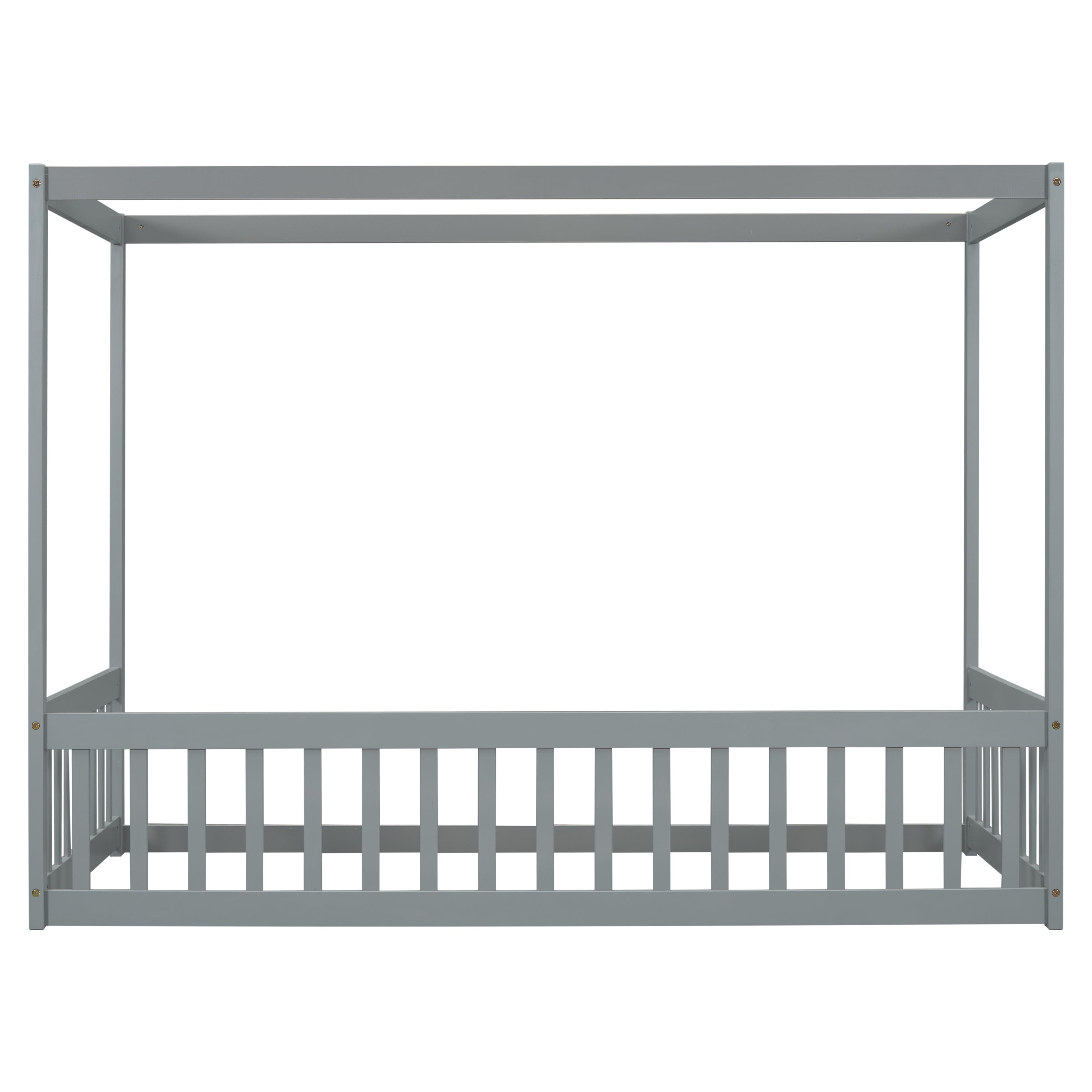 HAOYYE Twin Size Canopy Frame Floor Bed with Fence, Guardrails,Grey Sturdy Space-Saving Heavy Duty Modern Design Adults Dorm Room Easy Assembly Bedroom Furniture