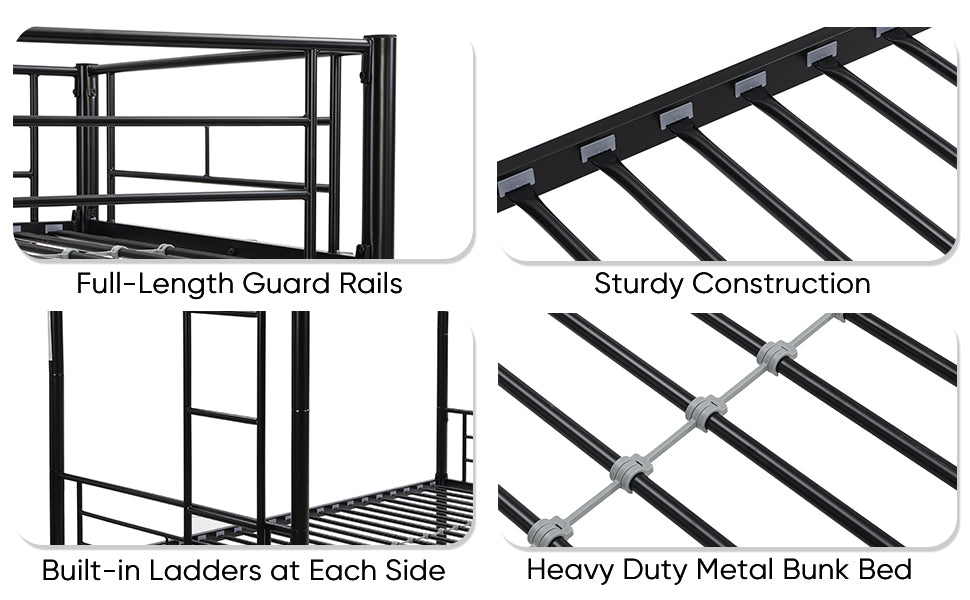 HAOYYE Bunk Bed Twin Over Twin Size with 2 Ladders and Full-Length Guardrail, Metal, Storage Space, No Box Spring Needed, Noise Free, Black Sturdy Space-Saving Heavy Duty Modern Design Easy Assembly Durable