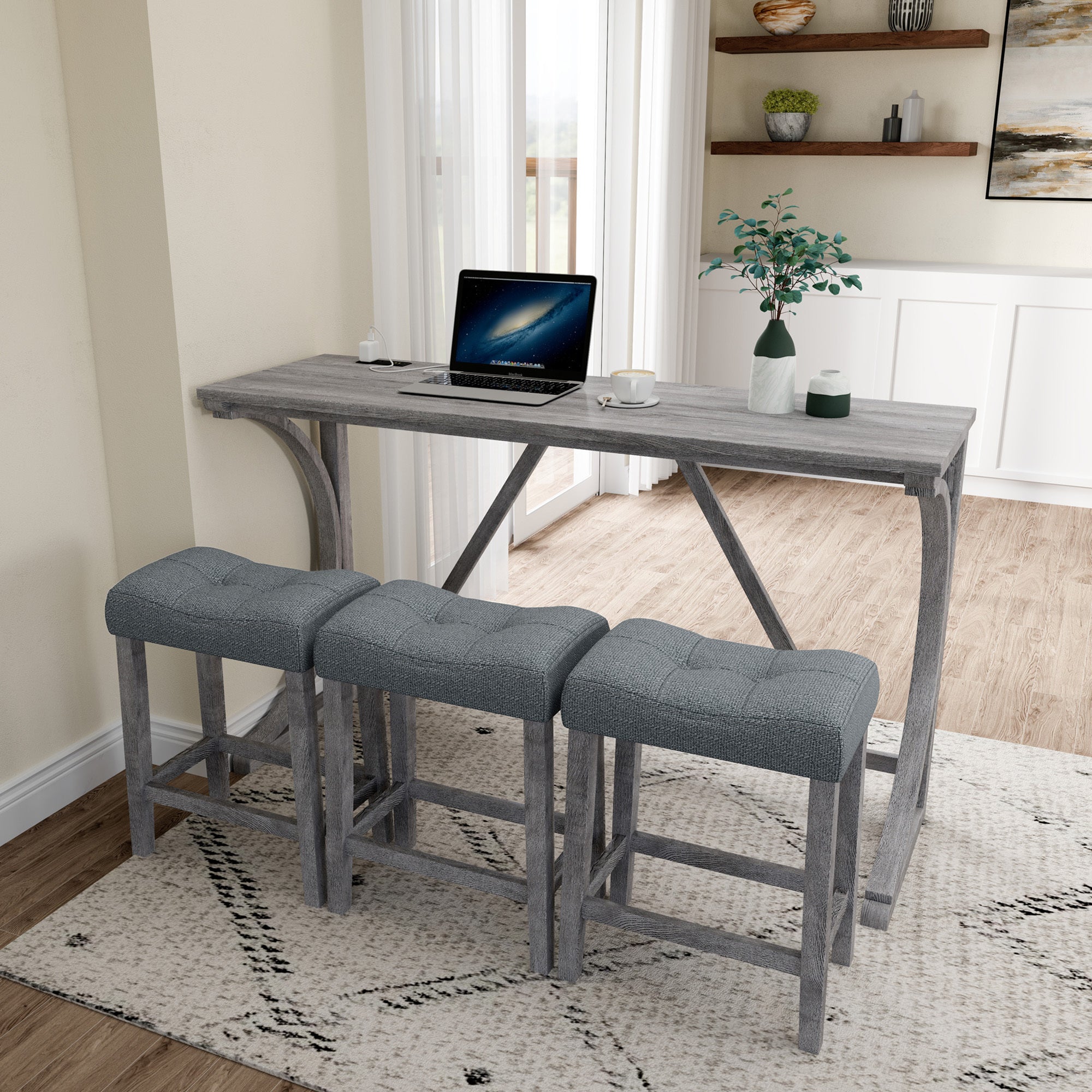 HAOYYE Bar Table Set with Power Outlet, Bar Table and Chairs Set, 4 Piece Dining Table Set, Industrial Breakfast Table Set, for Living Room, Dining Room, Game Room Sturdy Space-Saving Heavy Duty Adults