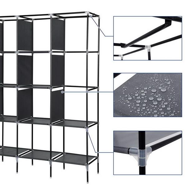 DE Direct HAOYYE Portable Clothes Closet Wardrobe with 12 Storage Shelves and 4 Side Pockets for Bedroom Entryway Garage Fabric Clothes Organizer with Zippered Cover Dustproof Freestanding Clothes Storage Rack