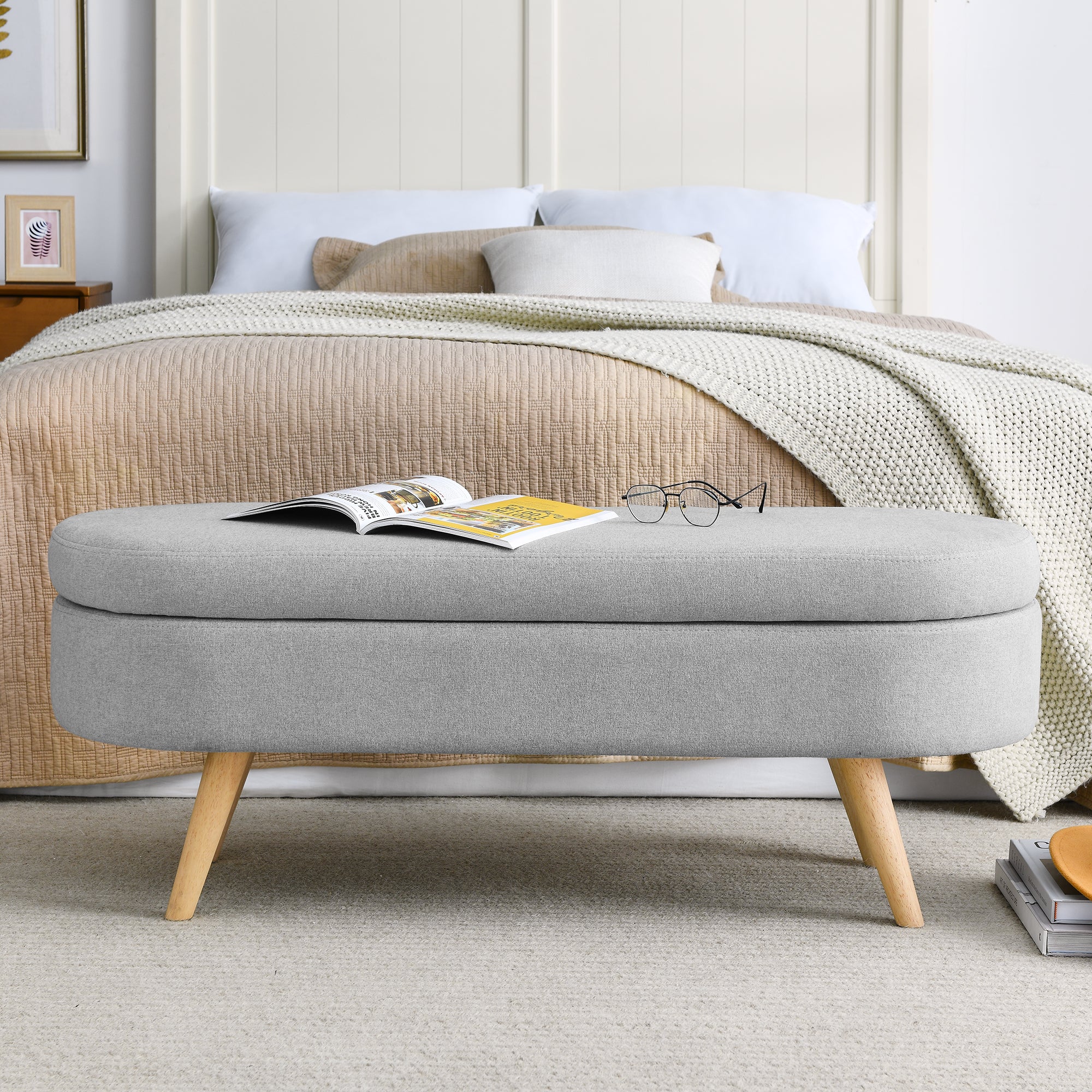 HAOYYE Ottoman Oval Storage Bench, Rubber Wood Legs, Grey(43.5"x16"x16") Sturdy Space-Saving Heavy Duty Modern Design Adults Dorm Room Easy Assembly Bedroom Furniture