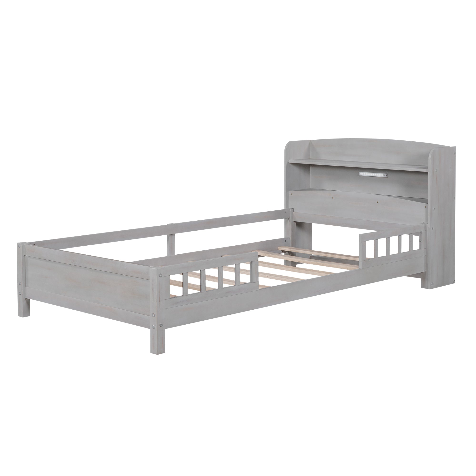 HAOYYE Wood Twin Size Platform Bed with Built-in LED Light, Storage Headboard and Guardrail, Antique Grey Sturdy Space-Saving Heavy Duty Modern Design Adults Dorm Room Easy Assembly Bedroom Furniture