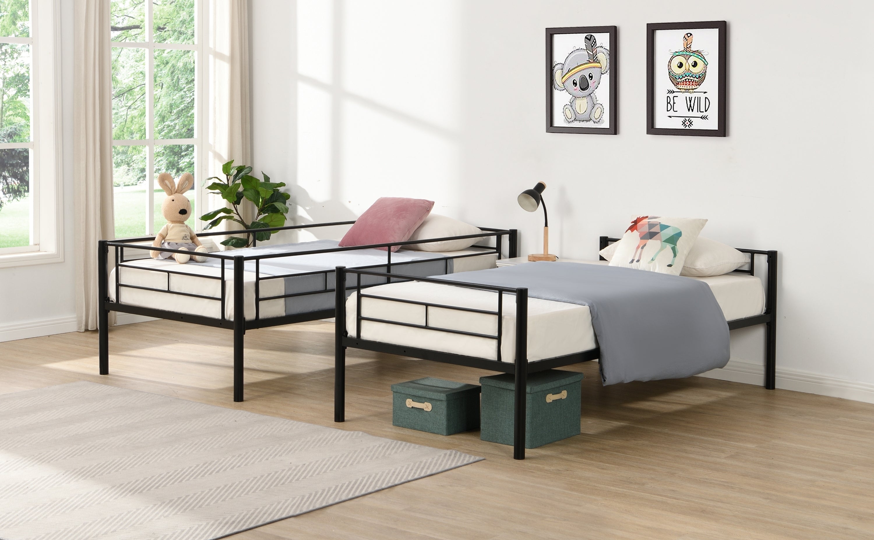 HAOYYE Bunk Bed Twin Over Twin Size with 2 Ladders and Full-Length Guardrail, Metal, Storage Space, No Box Spring Needed, Noise Free, Black Sturdy Space-Saving Heavy Duty Modern Design Easy Assembly Durable