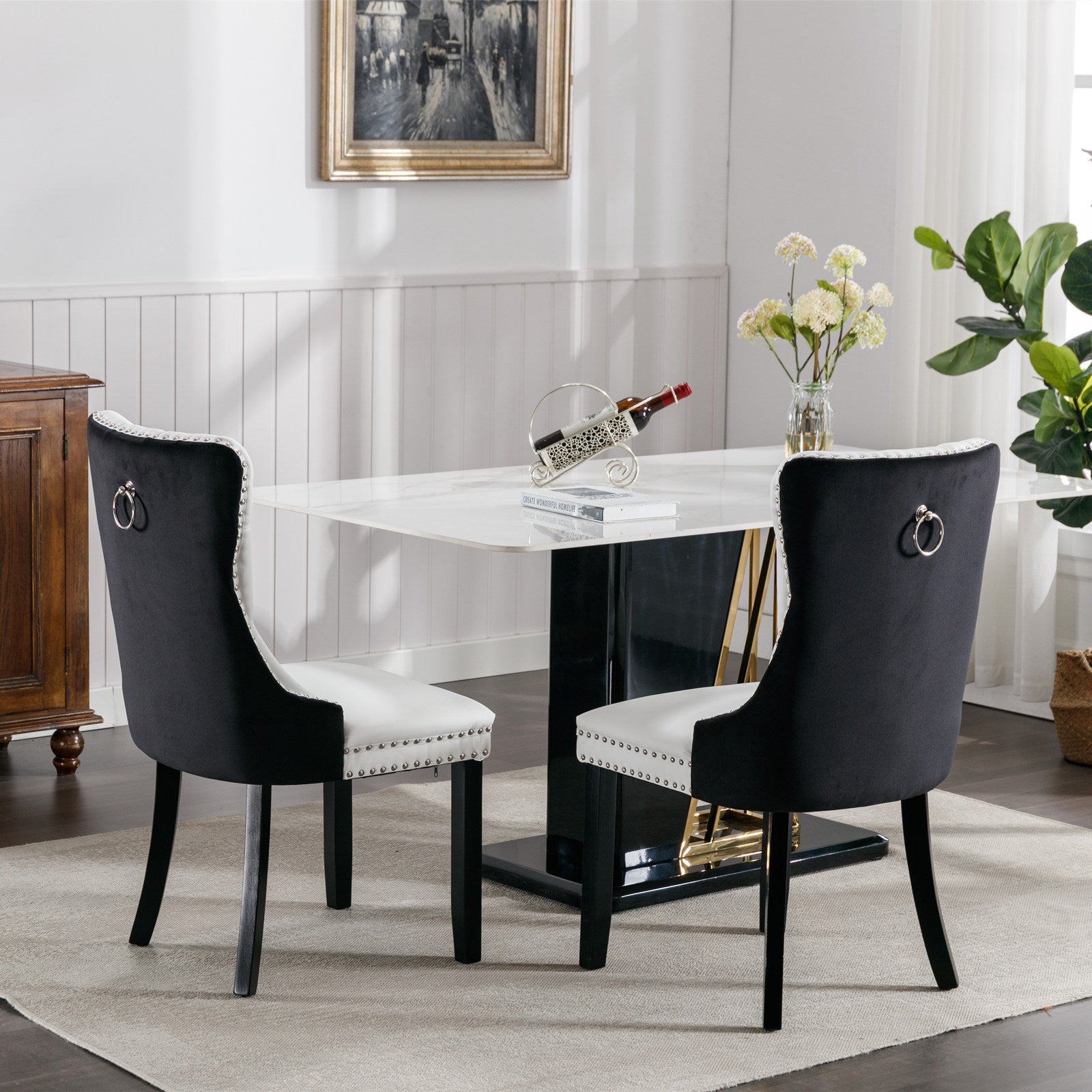 HAOYYE Nikki Collection Modern,High-end Tufted Solid Wood Contemporary PU and Velvet Upholstered Dining Chair with Wood Legs Nailhead Trim 2 Pcs Set,White+Black, SW2101WB Sturdy Space-Saving