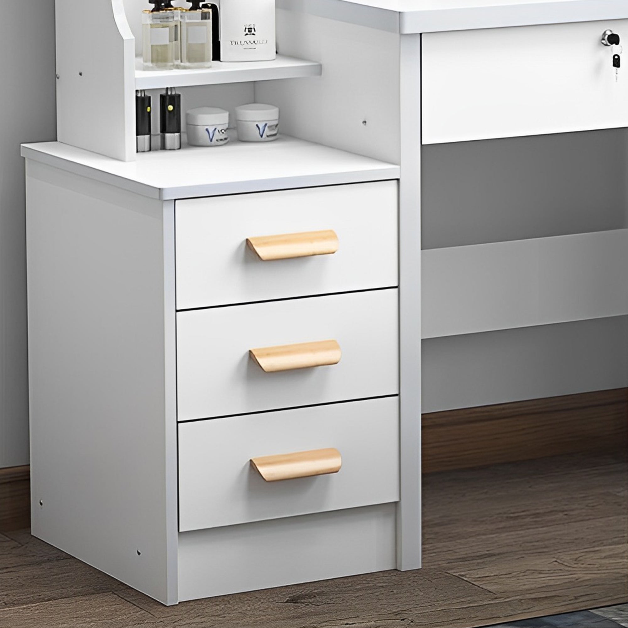 HAOYYE Fashion Vanity Desk with Mirror and Lights for Makeup and Chair, Vanity Mirror with Lights and Table Set with 3 Color Lighting Brightness Adjustable, 4 Drawers, White Color Sturdy Space-Saving Durable