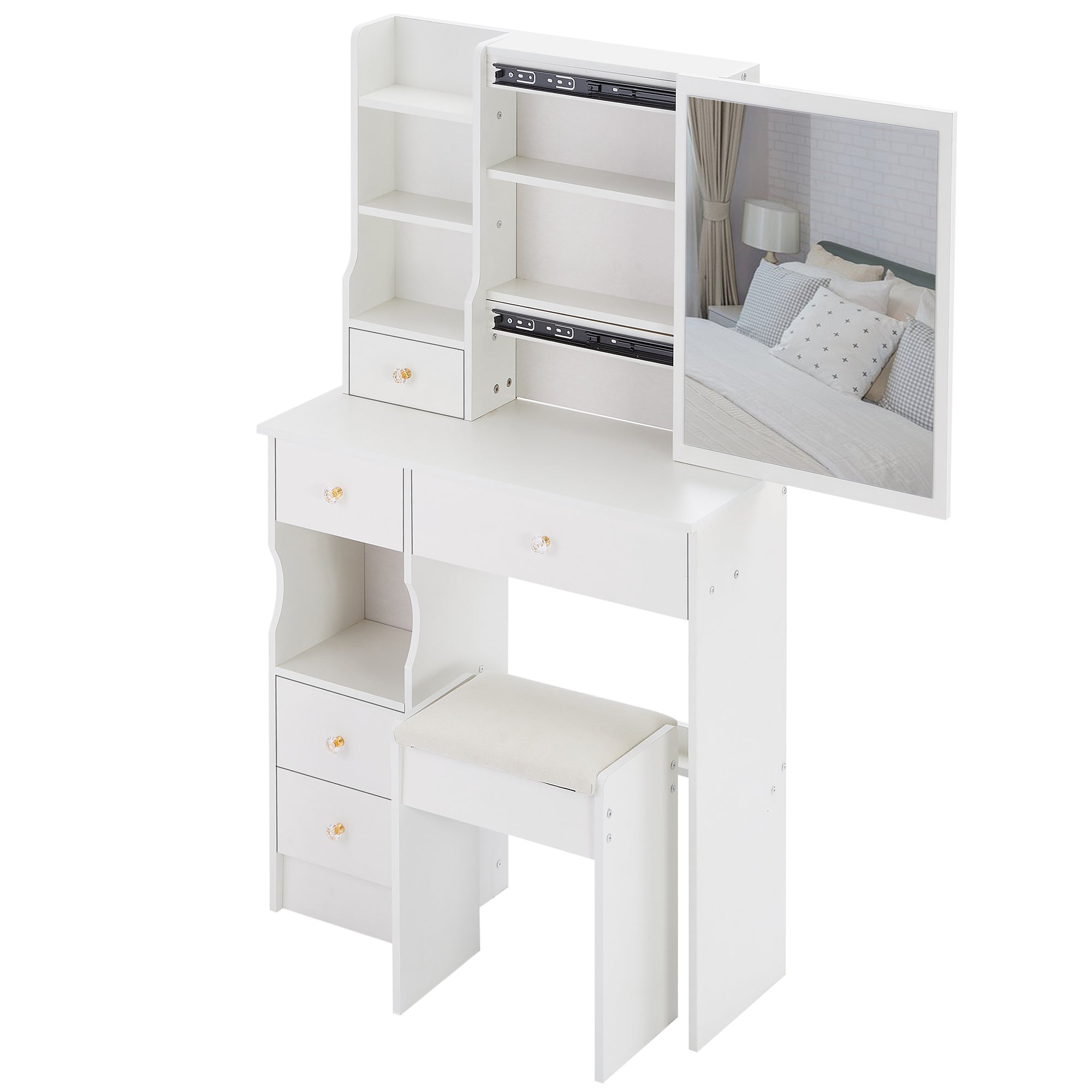 HAOYYE Small Size Left Drawer Desktop Vanity Table + Cushioned Stool, Extra Large Sliding Mirror, Multi Layer, High Capacity Storage Fashionable Dresser, Suitable for Small Space, EPA,GCC,UL Certificate