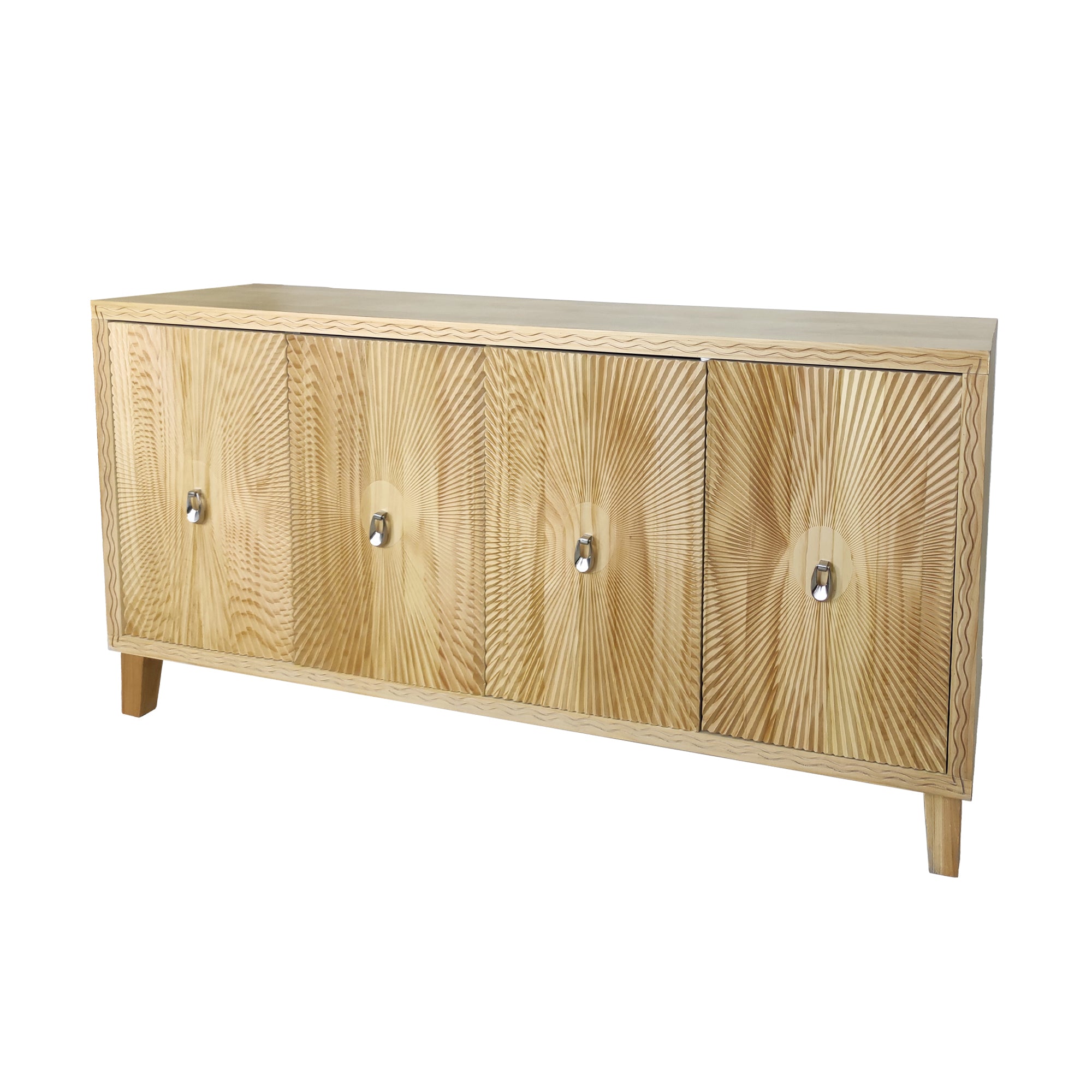 HAOYYE Vintage Storage Cabinet with Carved Scatter Pattern, 4 Door Dining Sideboard and Adjustable Shelves, Versatile Buffet and Accent Cabinet for Living Room, Kitchen, and Hallway, Sturdy and Space-Saving Design in Natural Finish