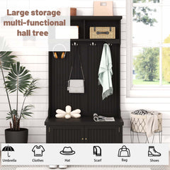 HAOYYE Hall Tree with Storage Shoe Bench for Entryway and Hallway, 4-in-1 Design Coat Racks with 4 Hooks for Living Room, Black Sturdy Space-Saving Heavy Duty Modern Design Adults Dorm Room