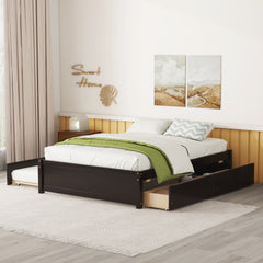 HAOYYE Full Bed With Trundle And Two Storage Drawers, Espresso Wood Platform Bed Frame, Space-Saving Heavy Duty Design, Modern Style For Bedroom Or Dorm Room, Easy Assembly