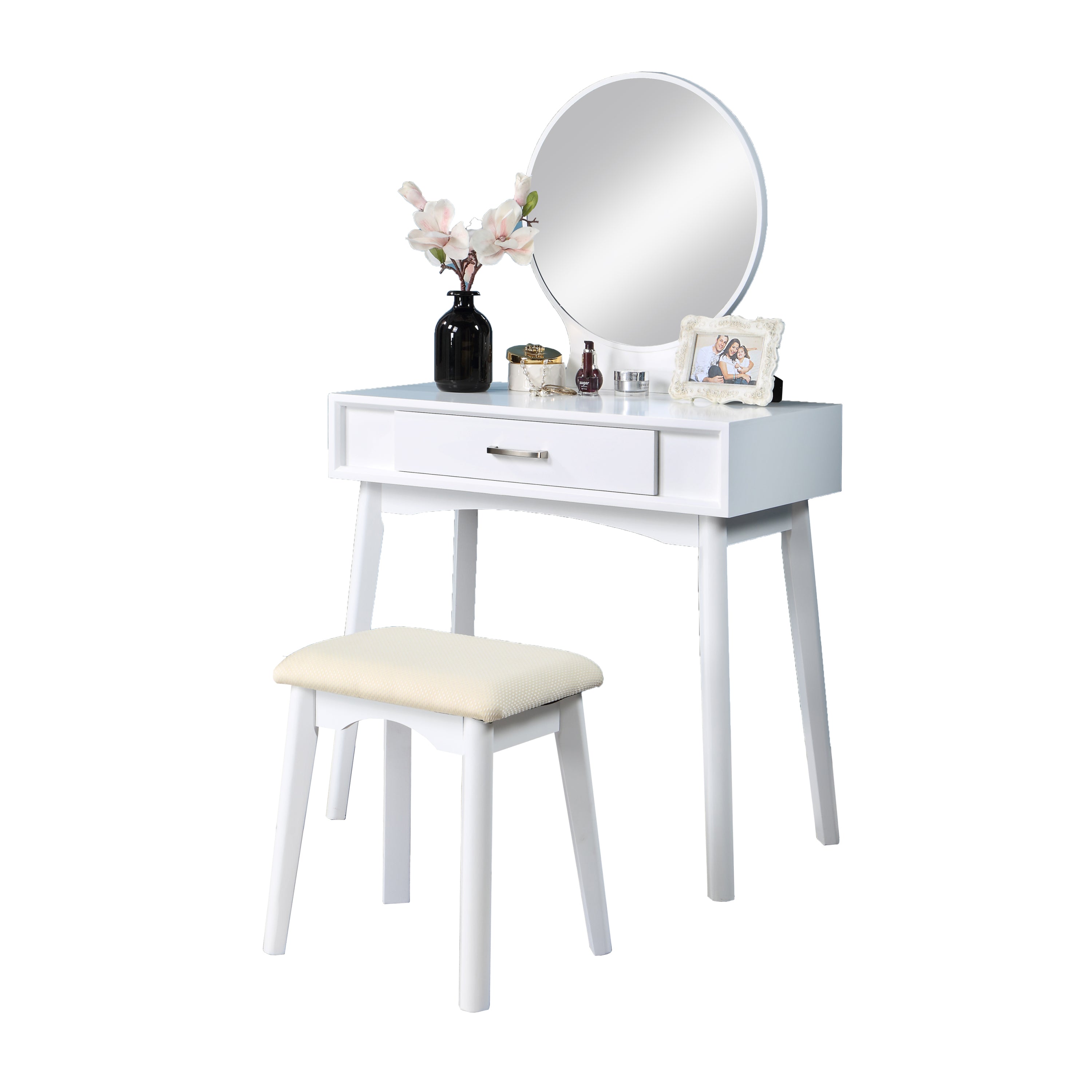 HAOYYE Maly Contemporary Wood Vanity and Stool Set, White Makeup Vanity Table with Mirror and Storage Drawers, Elegant Dressing Table with Cushioned Stool for Bedroom, Compact Vanity Desk for Small Spaces, Stylish Beauty Station for Girls and Women