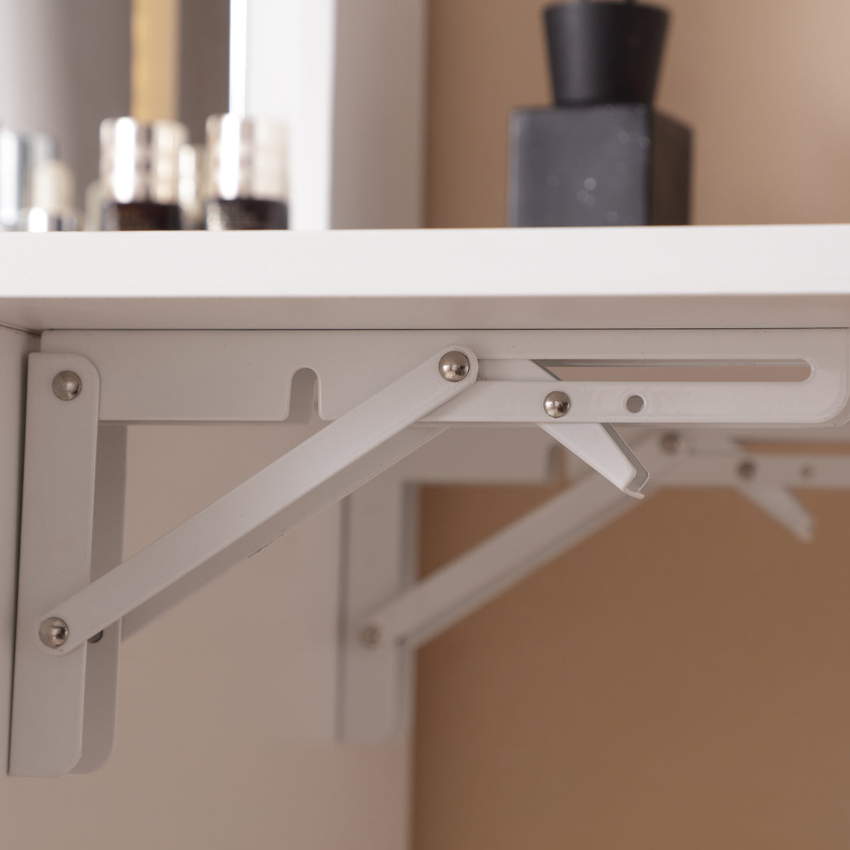 HAOYYE Vanity Desk With Lighted Mirror, Makeup Table With Drawers And Storage Cabinet, Glass Desktop, Adjustable Brightness, Storage Stool, Modern White Design For Bedroom, Sturdy Space-Saving Construction