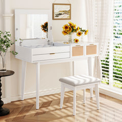 HAOYYE Classic Wood Makeup Vanity Set with Flip-top Mirror and Stool, Dressing Table with Three Drawers and Storage Space, White Modern Design, Luxury Style, Durable Material, Space-saving