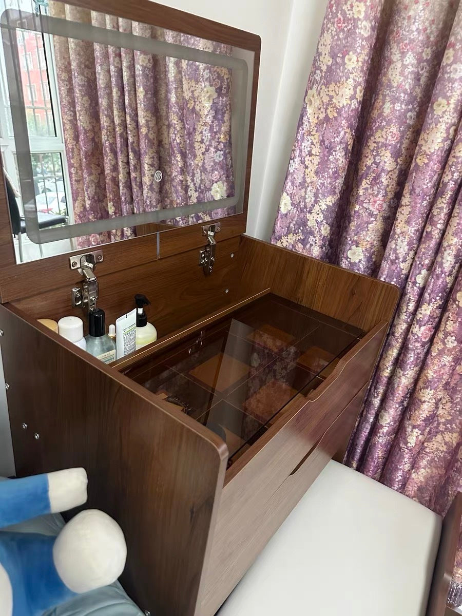 HAOYYE  3 in 1 Vanity Desk with Plip Top Mirror,Small Make Up Vanity Set with Visible Glass Desktop,Compact Makeup Vanity with 3 Drawers,Cushioned Tool,Dressing Table for Bedroom