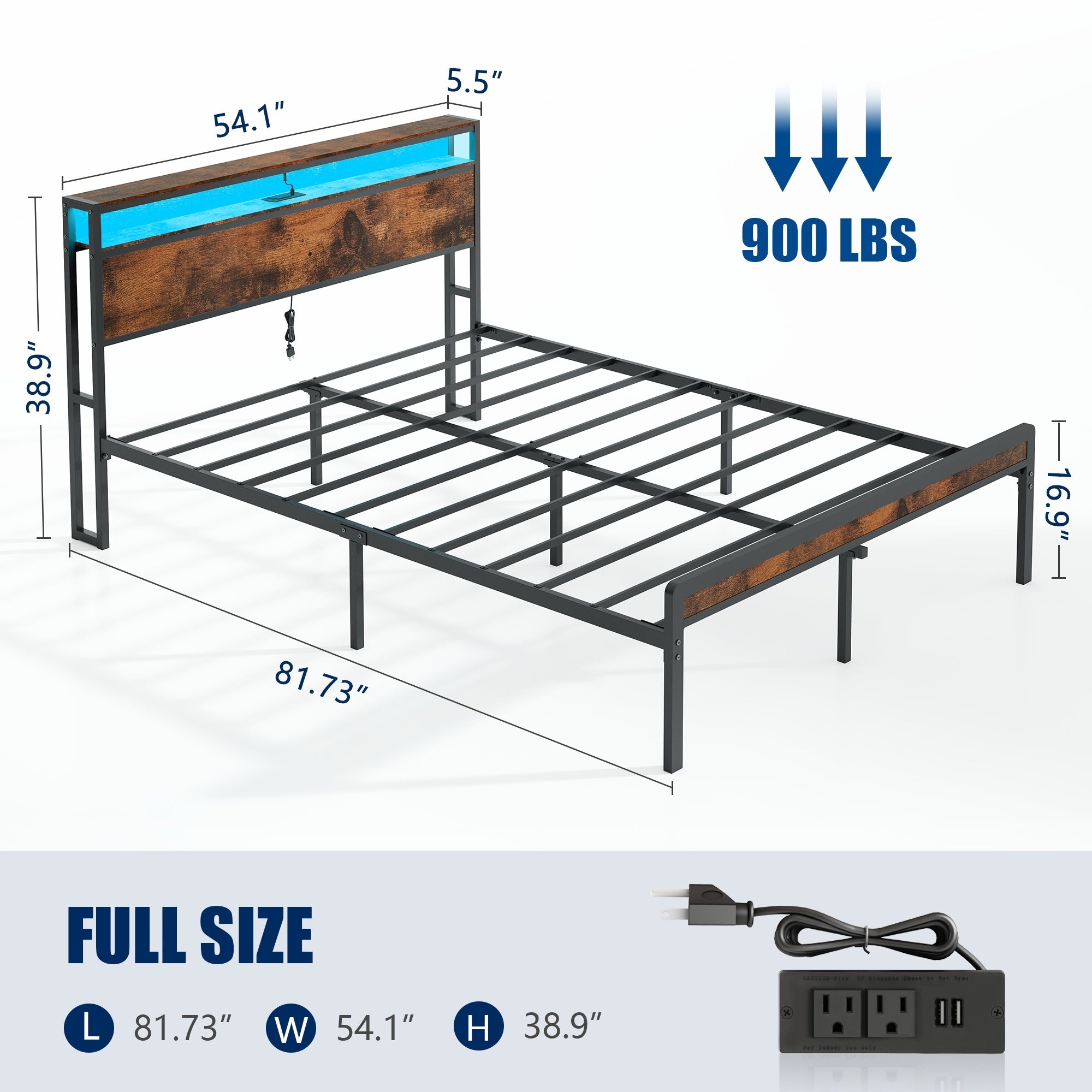 HAOYYE Full Size Metal Bed Frame with Headboard and Footboard, LED Lighting, Black Heavy Duty Mattress Foundation with Steel Slat Support, Noise Free,81.73"L x 54.13"W x 38.96"H Sturdy Space-Saving