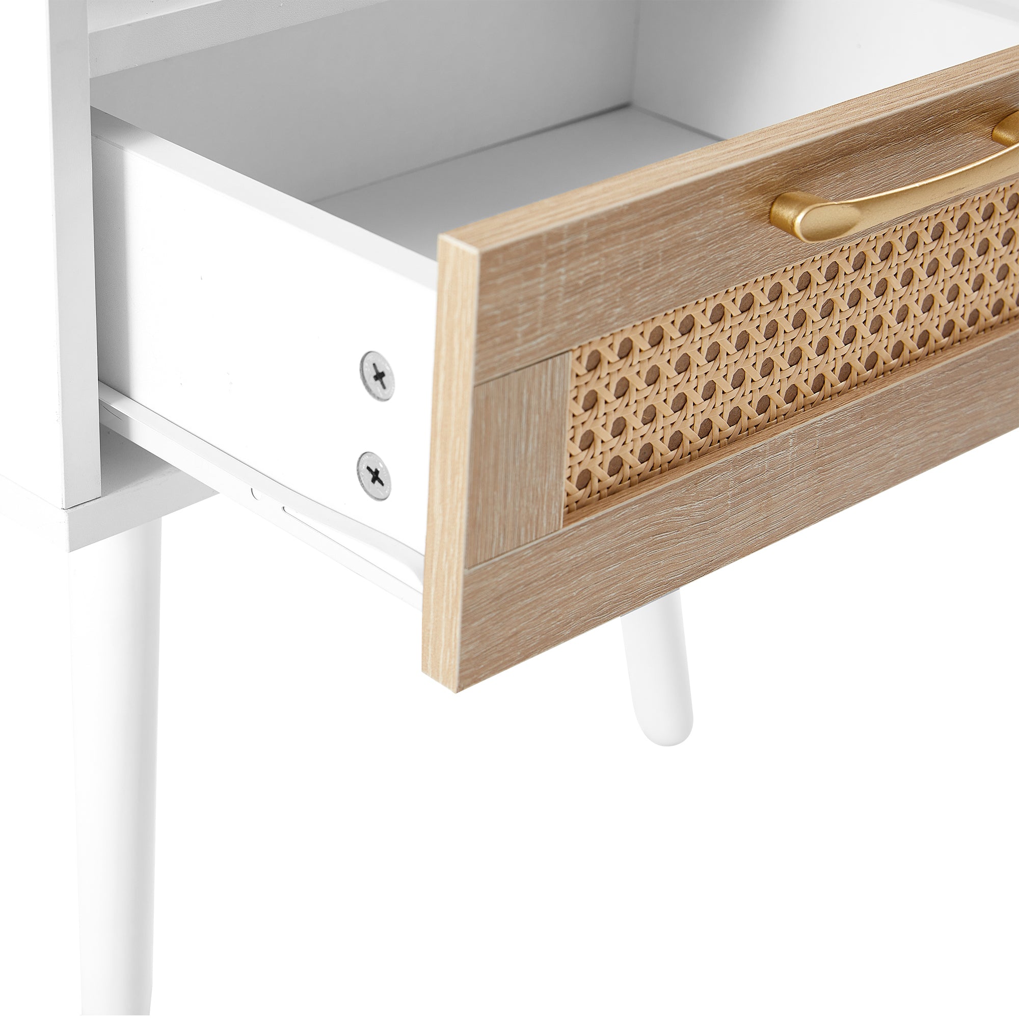 HAOYYE Rattan End Table With Drawer And Solid Wood Legs, Modern Nightstand For Bedroom And Living Room, Sturdy Space-Saving Heavy Duty Design, Easy Assembly, White
