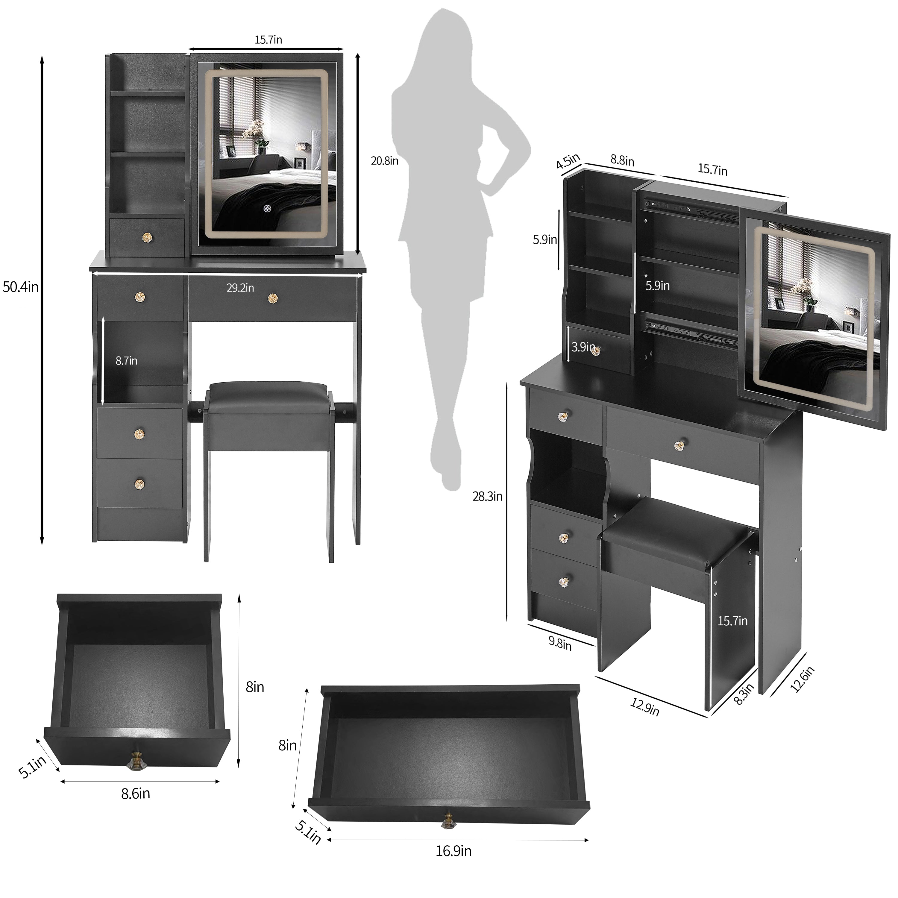 HAOYYE Small Size Left Drawer Desktop Vanity Table + Cushioned Stool, Touch Control Sliding LED Mirror, Tri-color Switching, Brightness Adjust, Multi Layer, Suitable for Small Space, EPA,GCC,UL Certificate