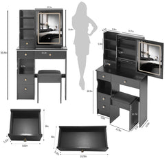 HAOYYE Small Size Left Drawer Desktop Vanity Table + Cushioned Stool, Touch Control Sliding LED Mirror, Tri-color Switching, Brightness Adjust, Multi Layer, Suitable for Small Space, EPA,GCC,UL Certificate