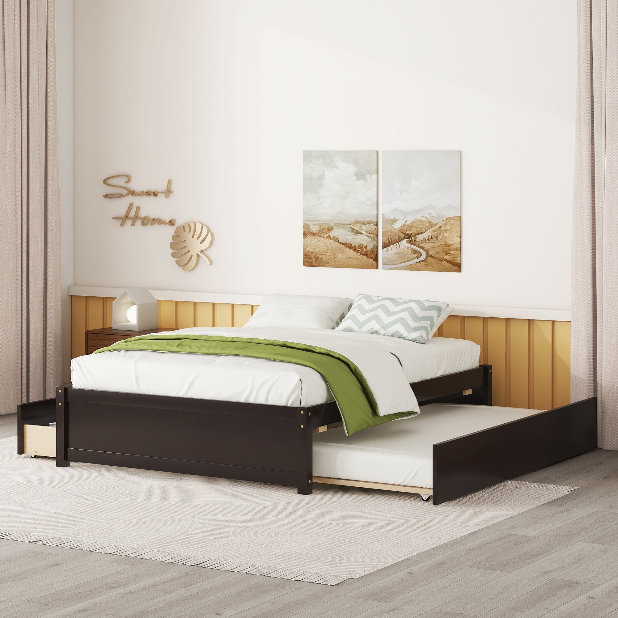 HAOYYE Full Bed With Trundle And Two Storage Drawers, Espresso Wood Platform Bed Frame, Space-Saving Heavy Duty Design, Modern Style For Bedroom Or Dorm Room, Easy Assembly