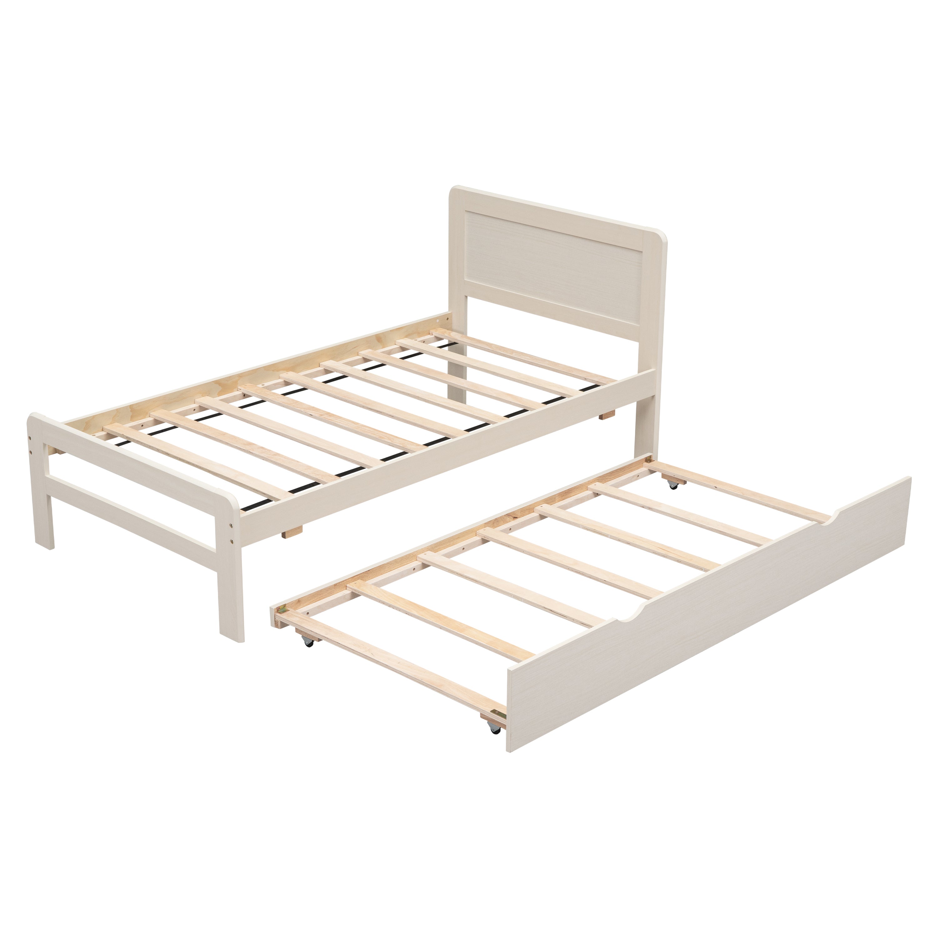 HAOYYE Modern Design Twin Size Platform Bed Frame with Trundle for White Washed Color Sturdy Space-Saving Heavy Duty Easy Assembly Durable Stylish Home Furniture Versatile