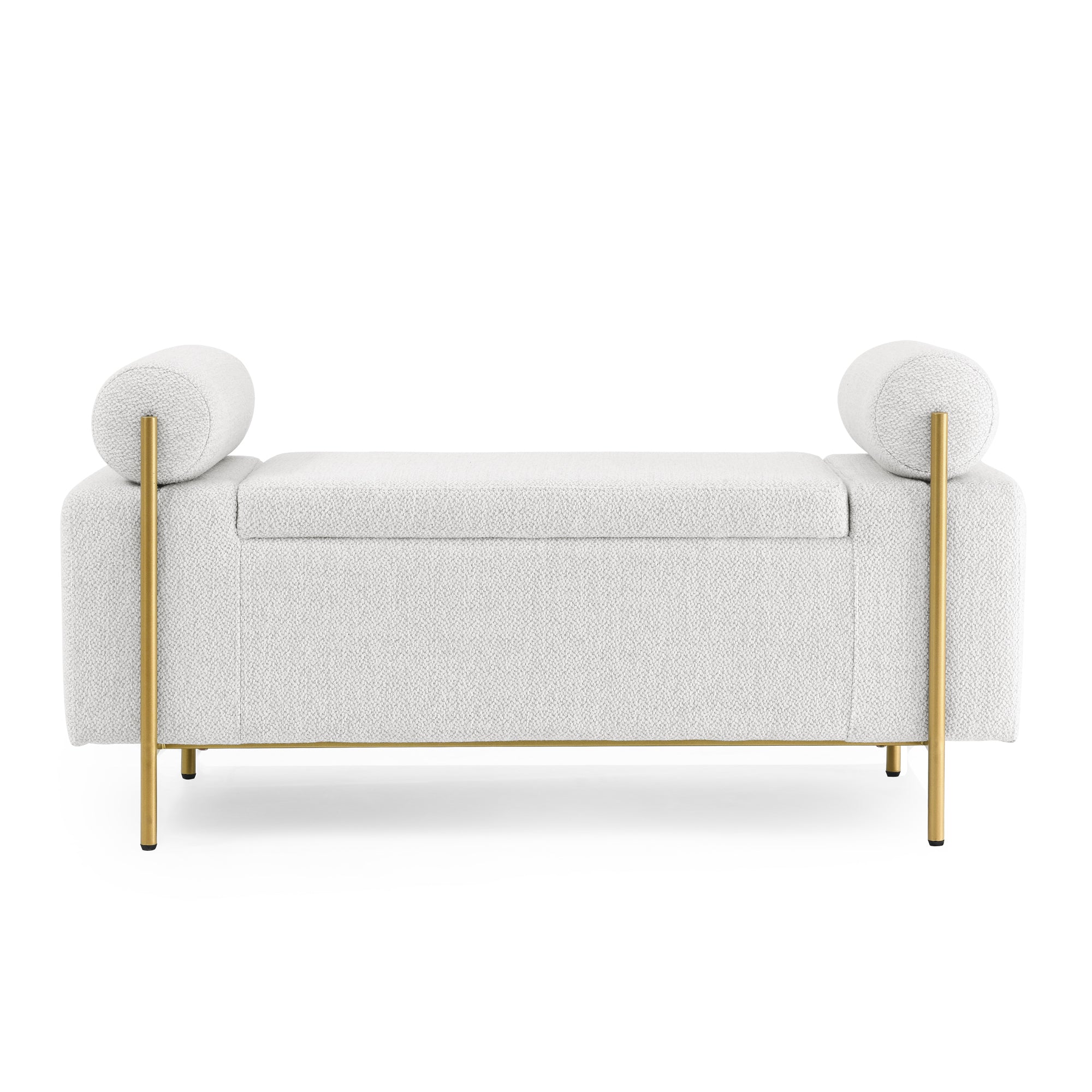 HAOYYE Elegant Upholstered Linen Storage Bench with Cylindrical Arms and Iron Legs for Hallway Living Room Bedroom, White Sturdy Space-Saving Heavy Duty Modern Design Adults Dorm Room Easy Assembly
