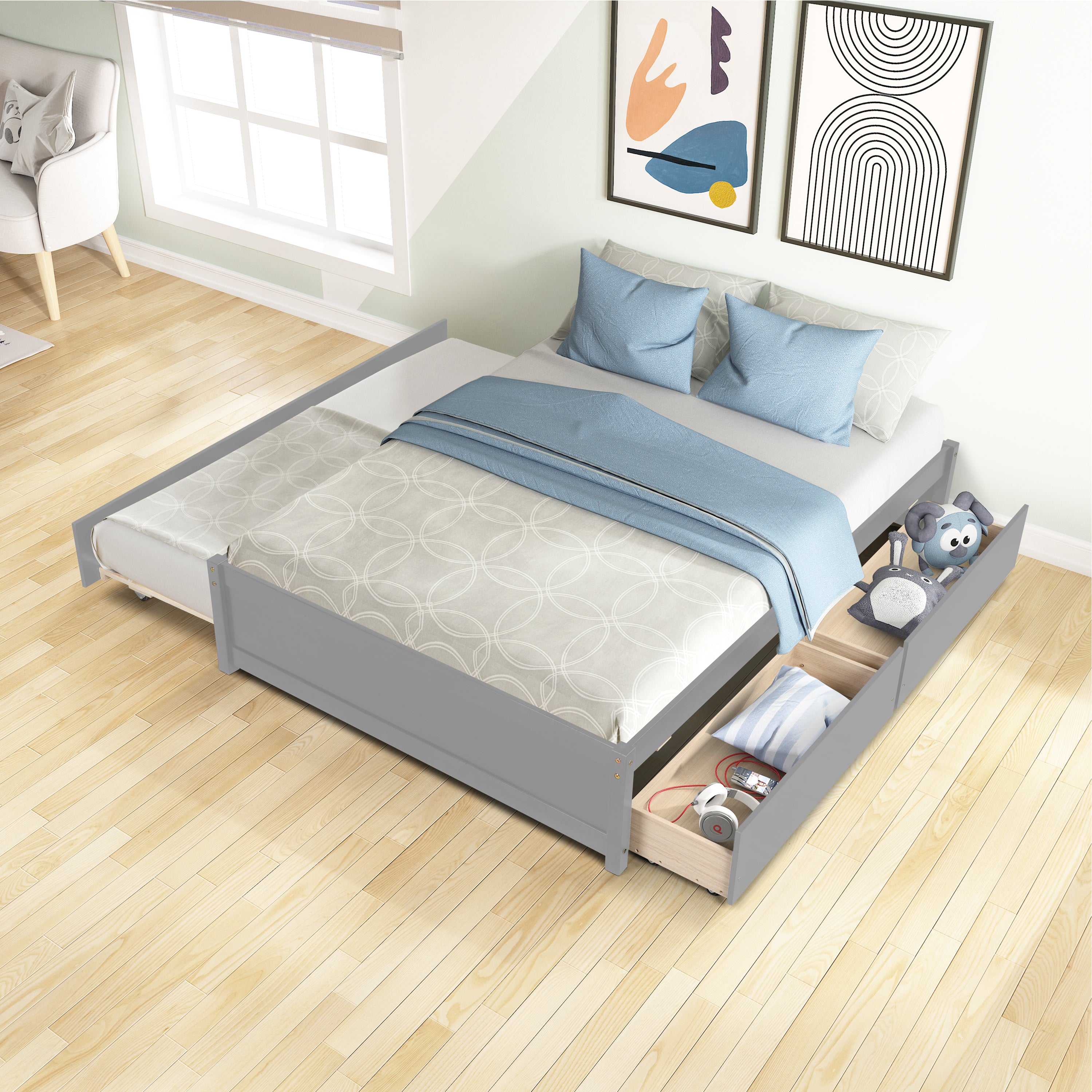 HAOYYE Full Bed With Twin Trundle And Storage Drawers, Grey Wood Platform Bed Frame, Space-Saving Heavy Duty Design, Modern Style For Bedroom Or Dorm Room, Easy Assembly