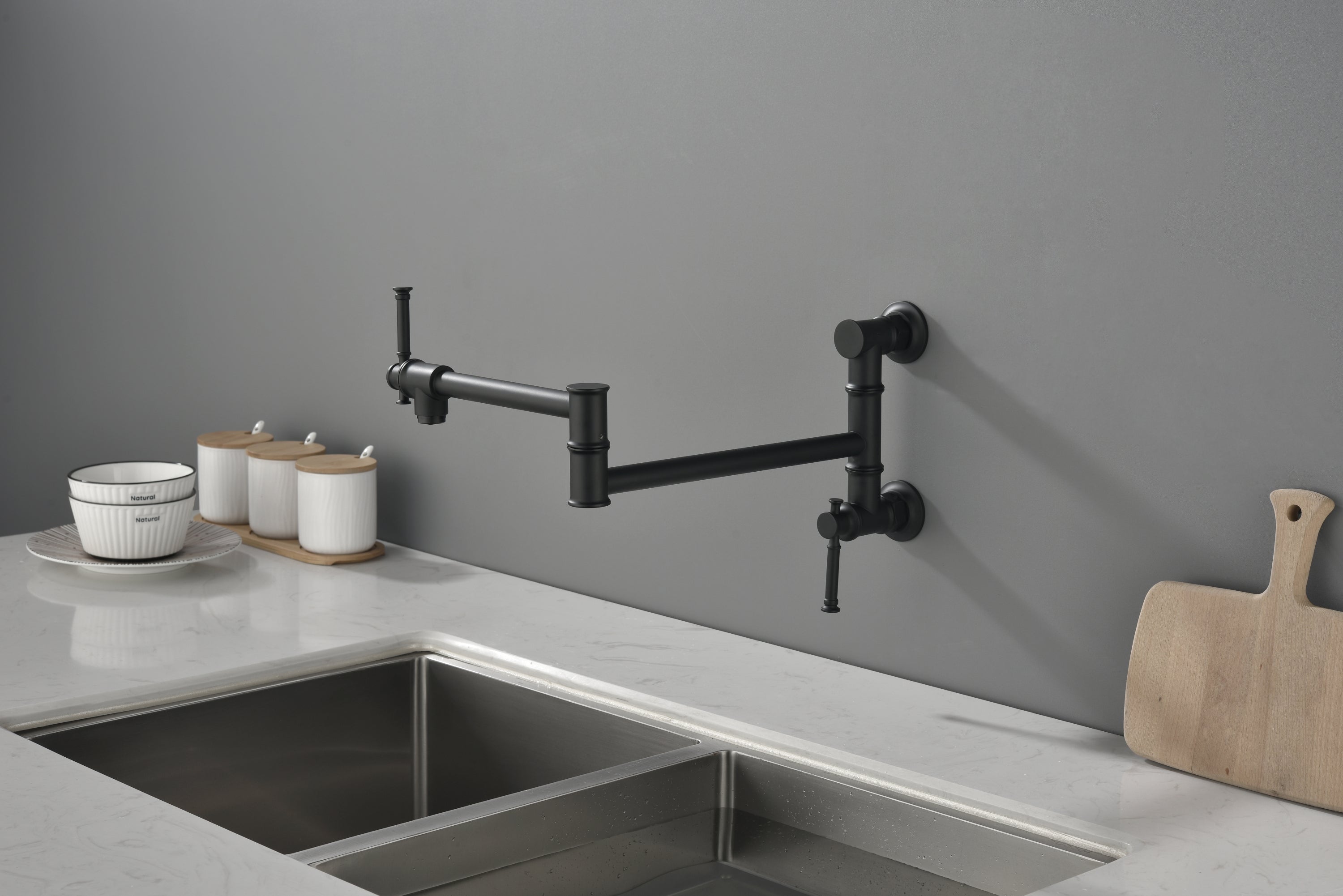 HAOYYE Wall mounted Pot Filler Faucet, Modern Brass Pot Filler Two-Attachment Wall Mount Folding Kitchen Pot Filler Swing Arm Sturdy Space-Saving Heavy Duty Modern Design Adults Dorm Room Easy Assembly