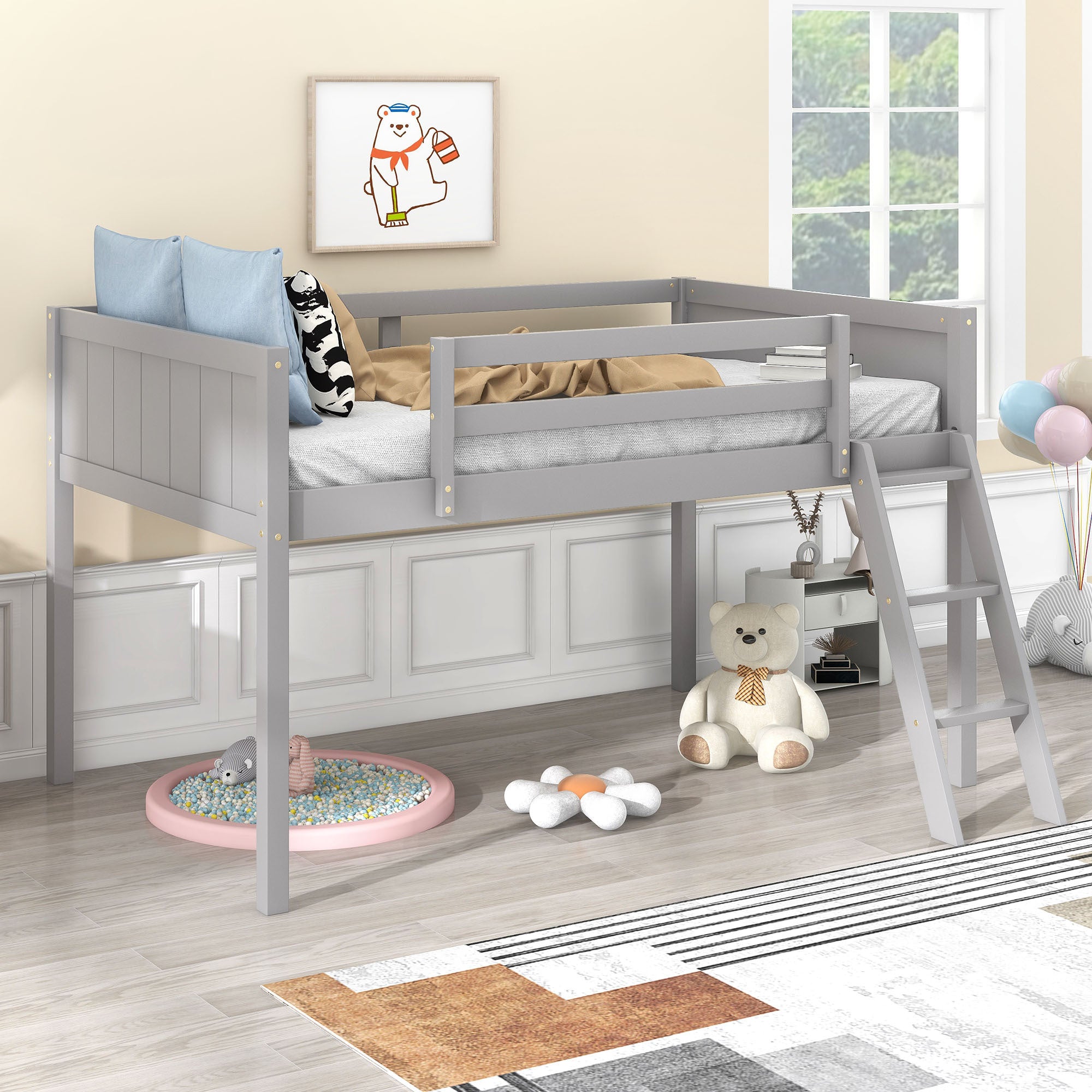 HAOYYE Twin Size Wood Low Loft Bed with Ladder, ladder can be placed on the left or right, Gray Sturdy Space-Saving Heavy Duty Modern Design Adults Dorm Room Easy Assembly Bedroom Furniture