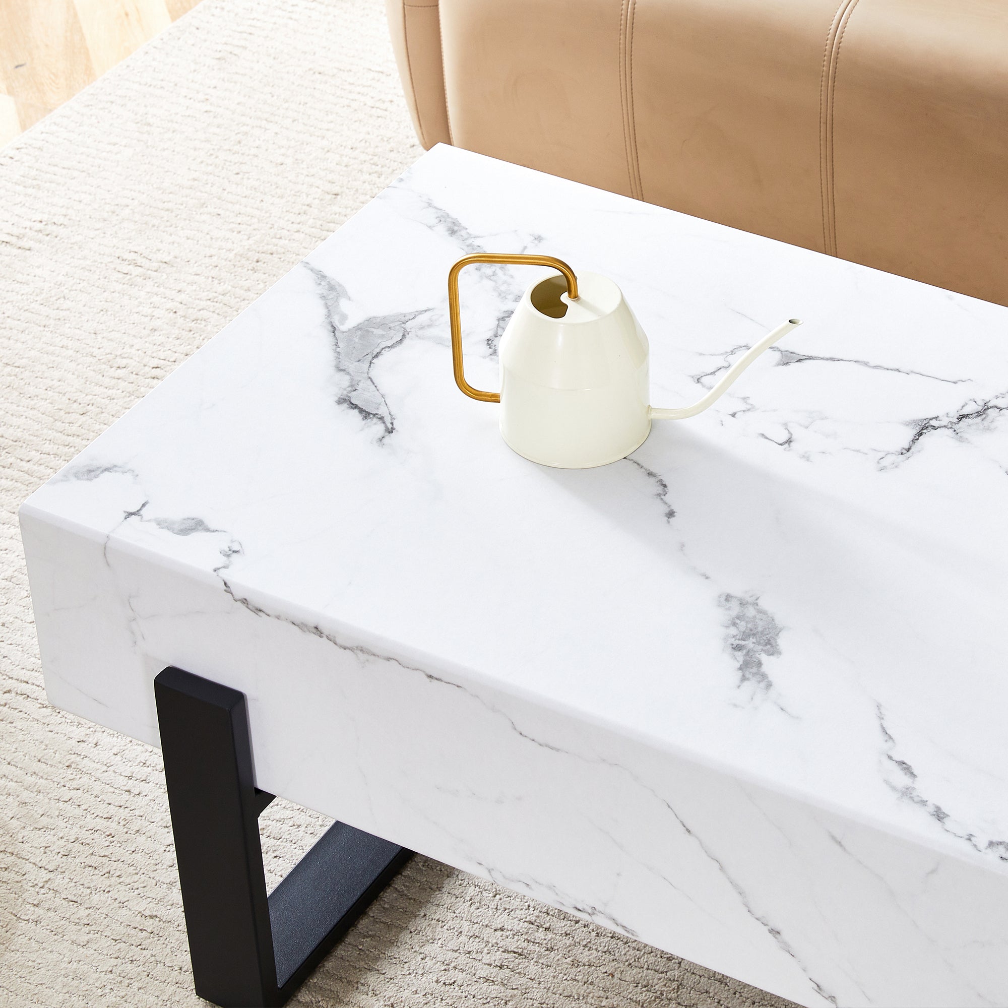 HAOYYE Black And White Minimalist MDF Coffee Table With Marble Pattern Sticker And Black Metal Leg Spray Coating, Modern And Simple Design For Living Room, Bedroom And Office, Sturdy Space-Saving Heavy Duty Furniture For Contemporary Home Decor