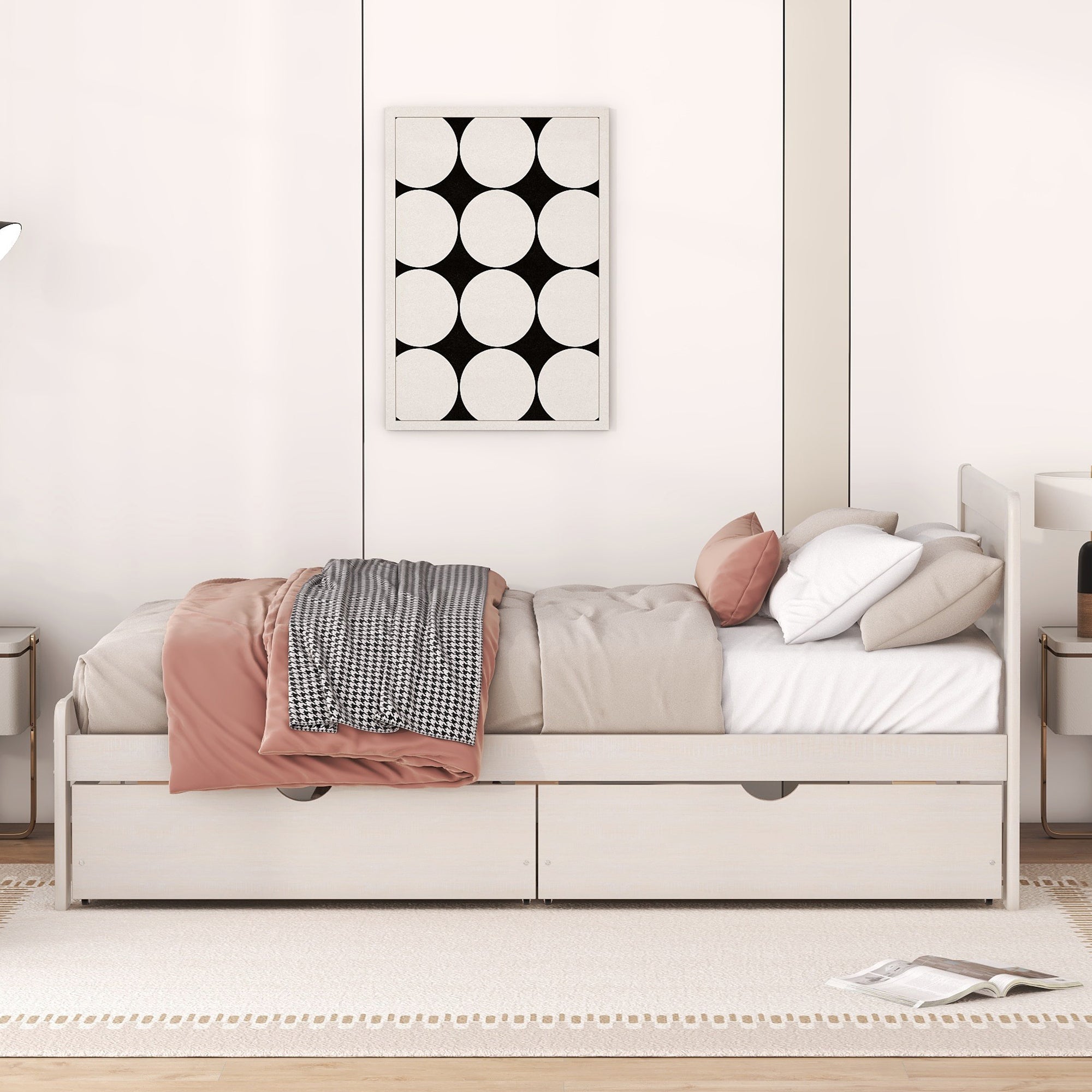 HAOYYE Modern White Washed Twin Size Platform Bed Frame With Two Storage Drawers, Sturdy Space-Saving Heavy Duty Design, Perfect For Adults And Dorm Rooms, Easy Assembly