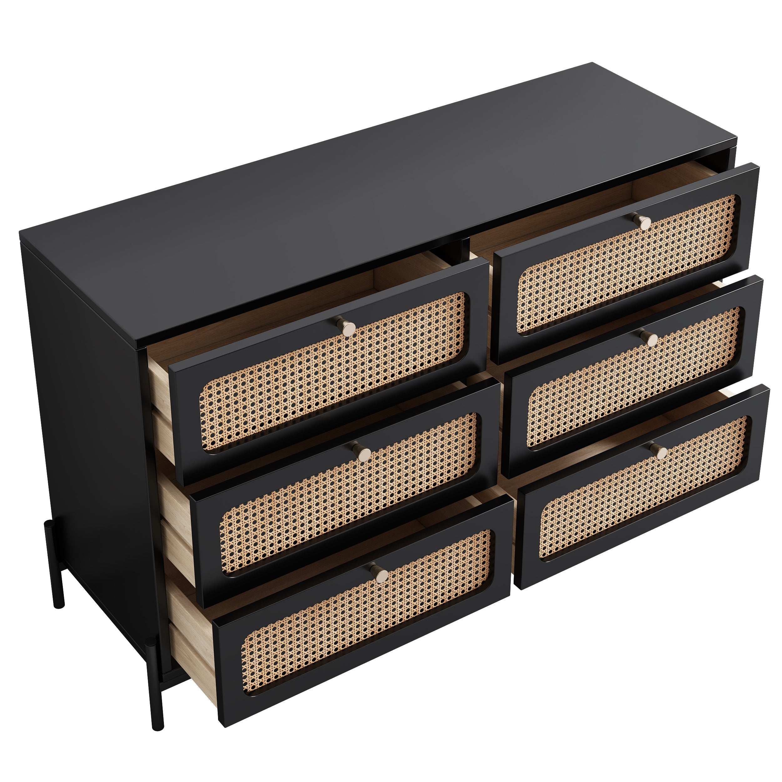 HAOYYE Modern Rattan Wood 6-Drawer Dresser, Storage Cabinet With Cannage Design, Versatile Sideboard For Bedroom, Living Room, Entryway, Or Hallway, Black, Sturdy Space-Saving Heavy Duty Design