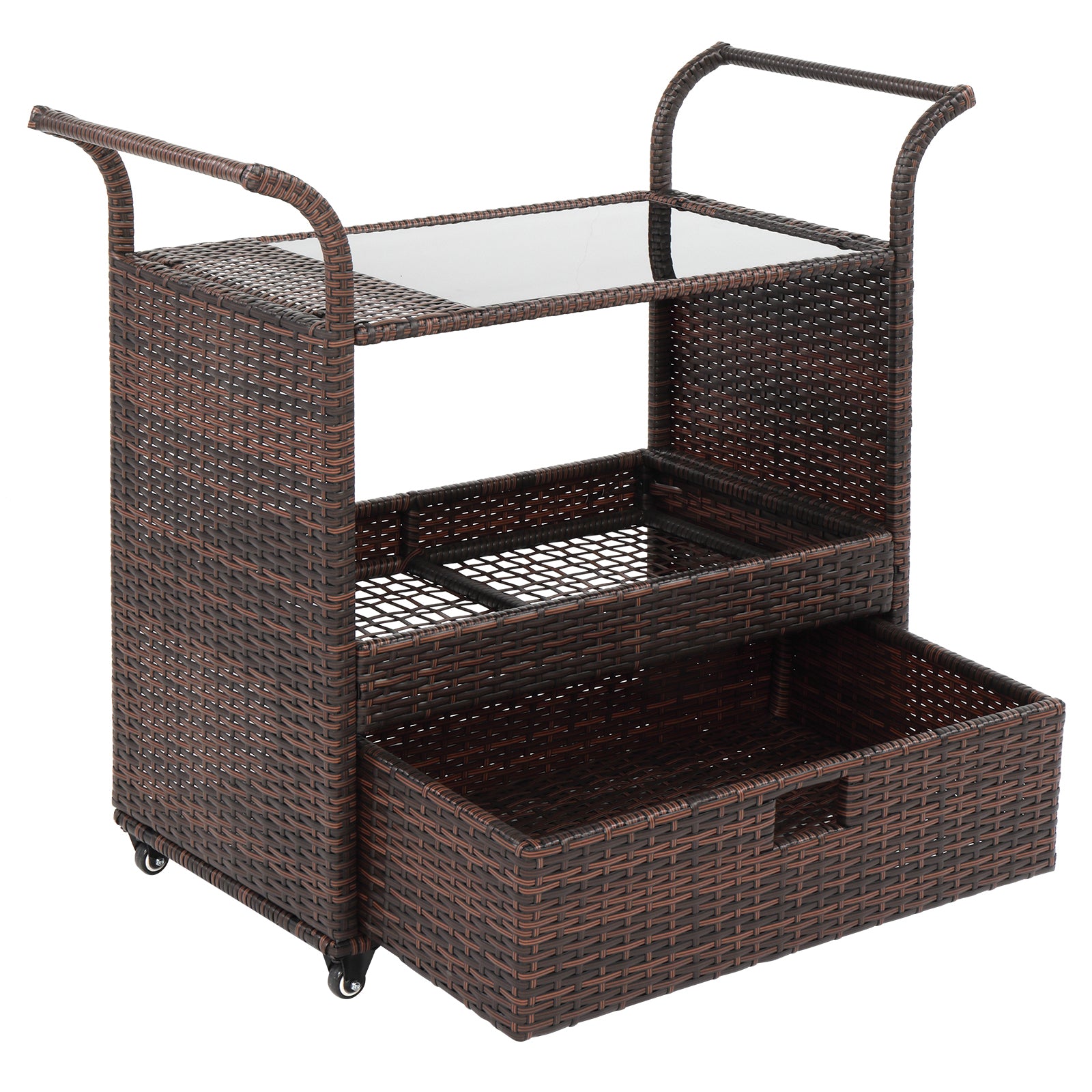 HAOYYE Outdoor Wicker Rattan Bar Cart on Wheels Brown Gradient Rolling Serving Sideboard with Storage for Patio Garden Balcony Party Beverage Station Portable Outdoor Furniture