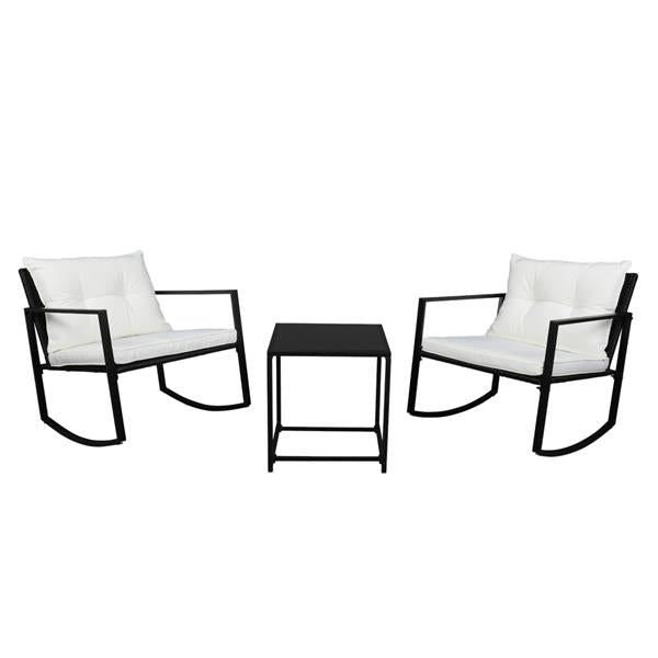 HAOYYE 3 Piece Outdoor Rocking Chair Set with Coffee Table, Black PE Rattan Patio Furniture with Tempered Glass Top and Beige Cushions, Weather Resistant Wicker Conversation Set for Balcony Garden Deck Porch