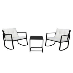 HAOYYE 3 Piece Outdoor Rocking Chair Set with Coffee Table, Black PE Rattan Patio Furniture with Tempered Glass Top and Beige Cushions, Weather Resistant Wicker Conversation Set for Balcony Garden Deck Porch