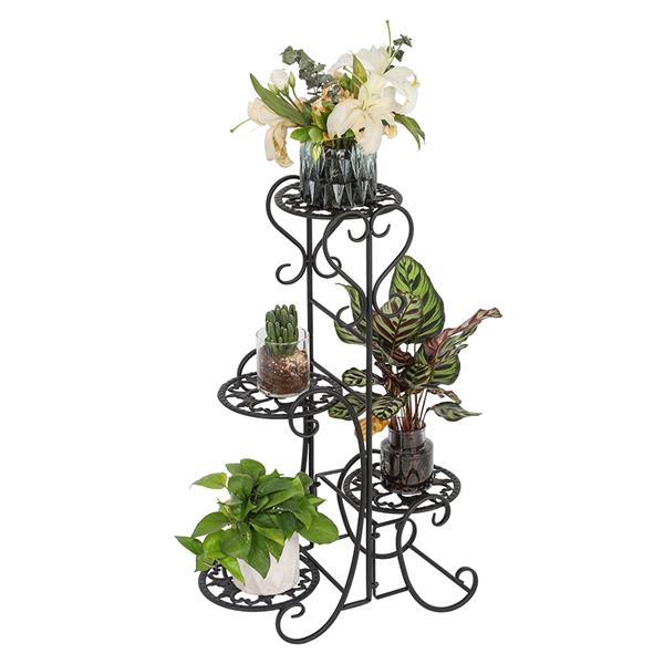 HAOYYE 4-Potted Rounded Flower Metal Shelves Plant Pot Stand, Black Durable Space-Saving Organizer, Stylish Indoor And Outdoor Garden Display Shelf, Premium Quality Decorative Storage Solution, Versatile Use Plant Rack With Modern Design
