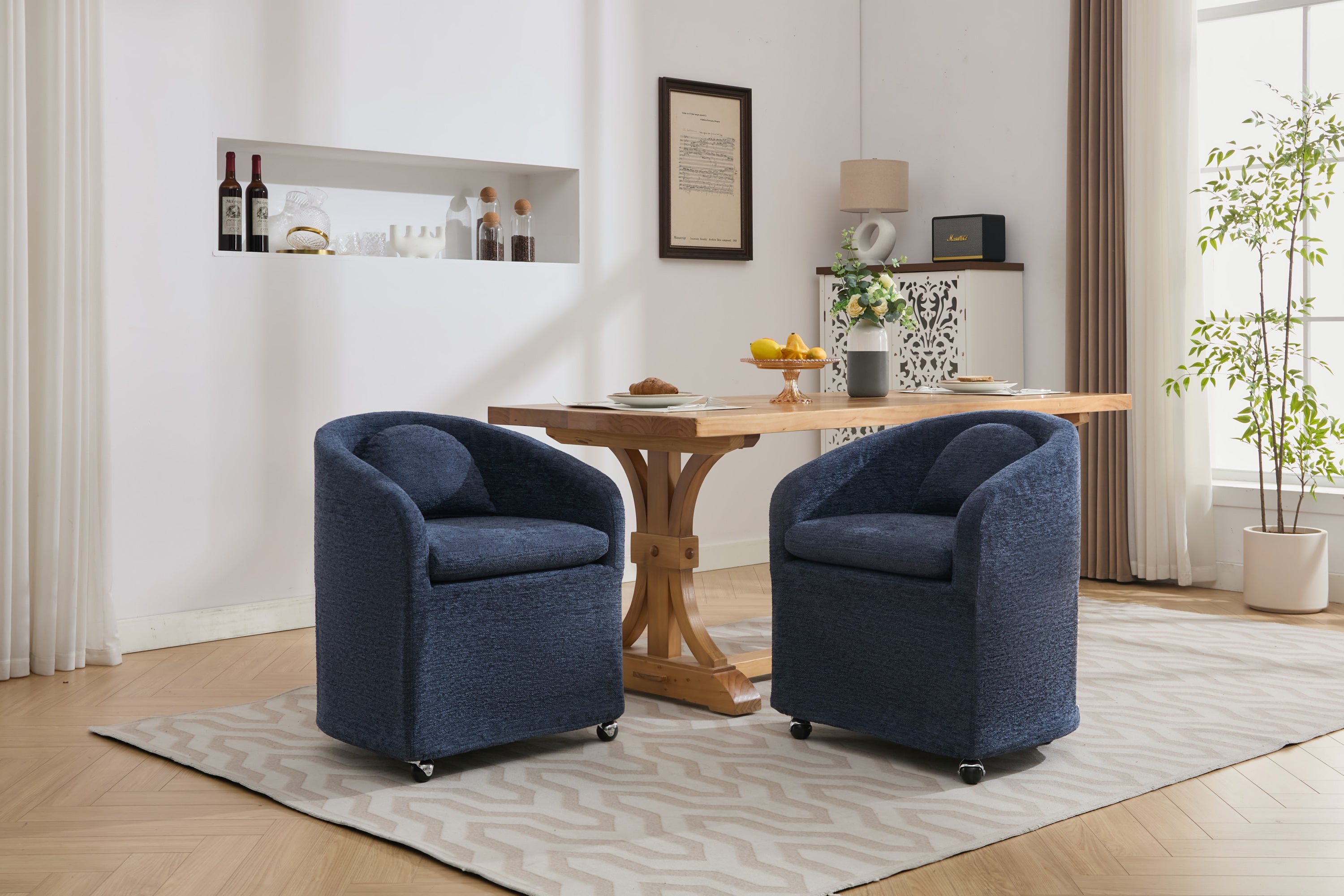 HAOYYE 059-Set of 1 Chenille Fabric Dining Armchair With Back Cushion and Universal Wheels,Blue Sturdy Space-Saving Heavy Duty Modern Design Adults Dorm Room Easy Assembly Bedroom Furniture